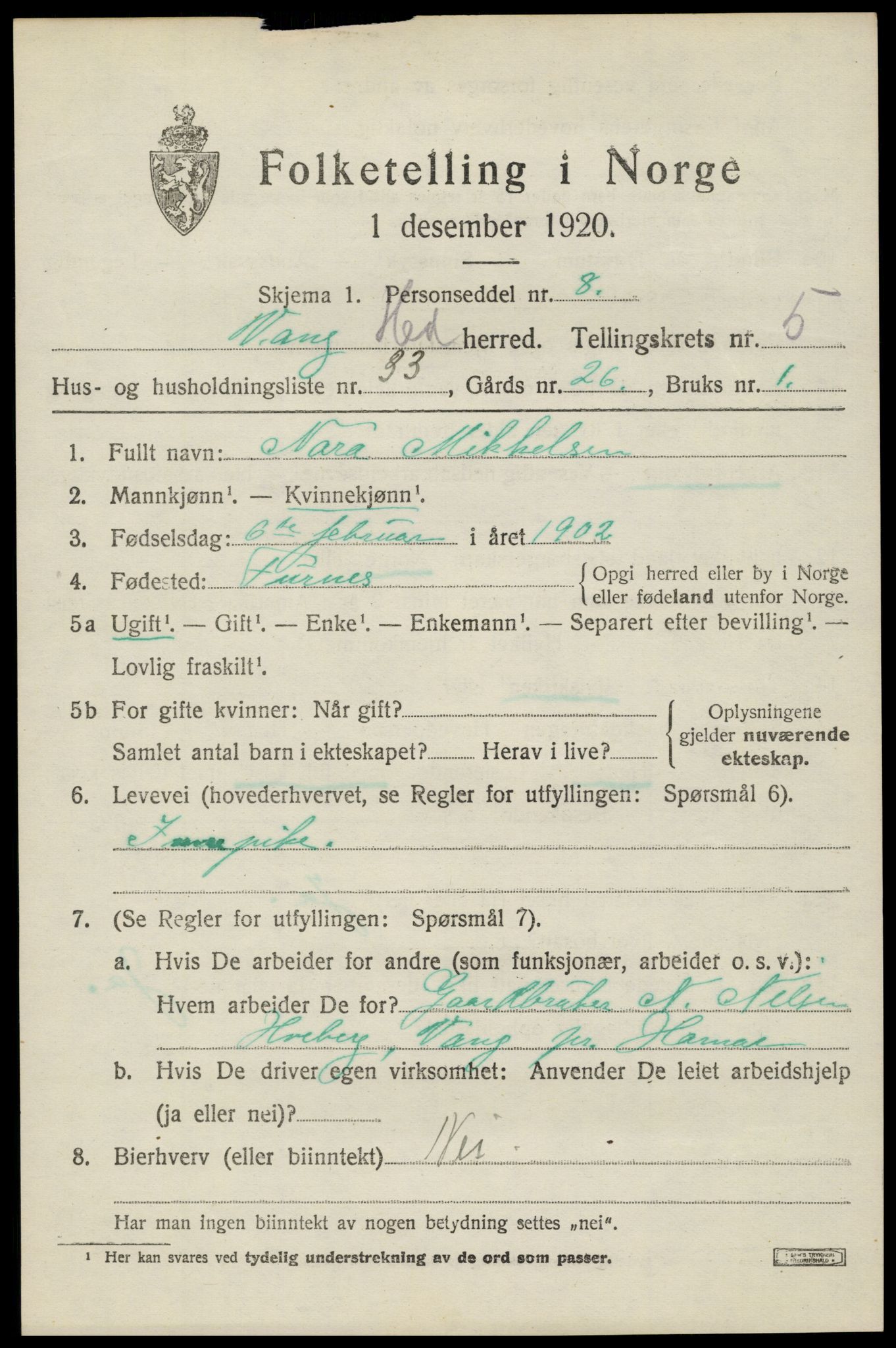 SAH, 1920 census for Vang (Hedmark), 1920, p. 14157