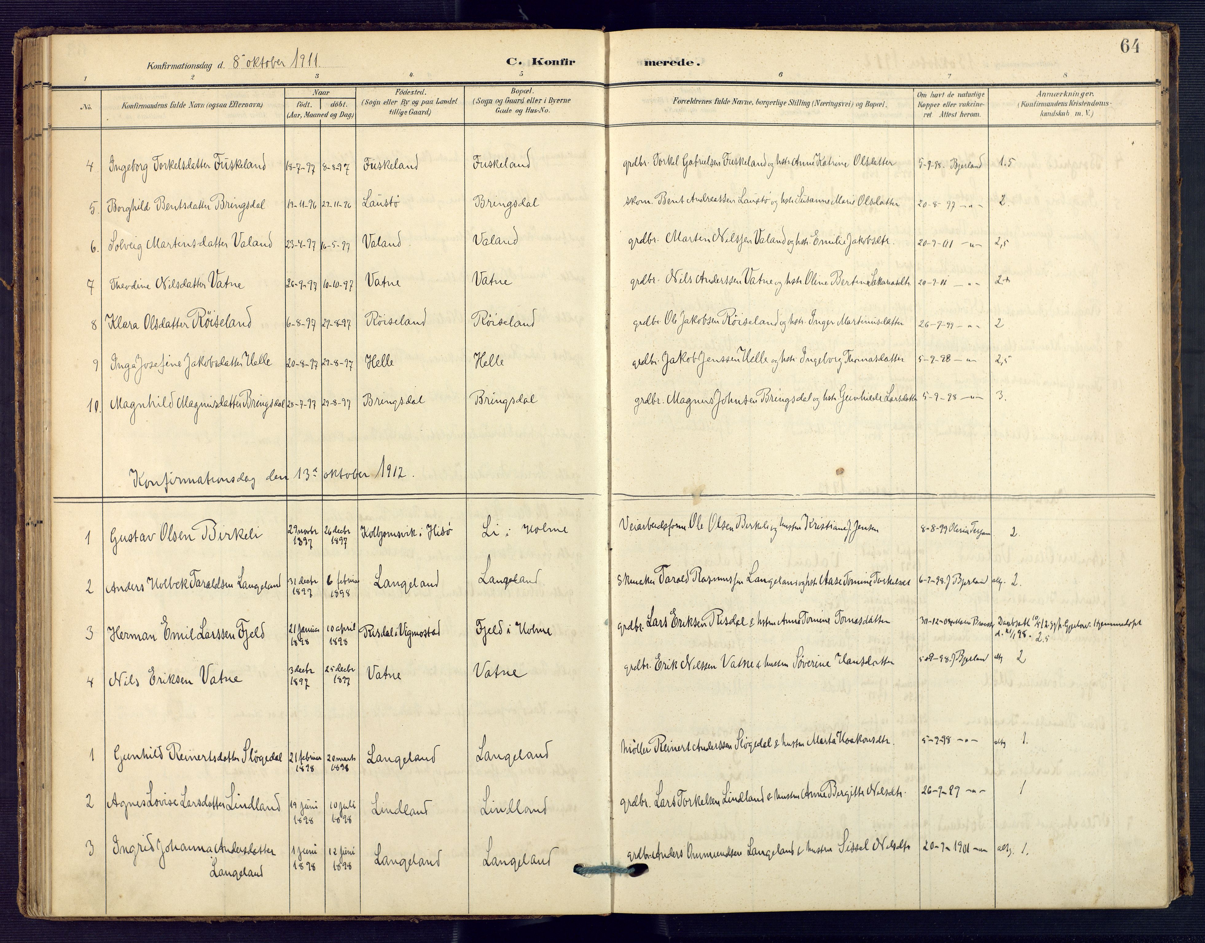 Holum sokneprestkontor, SAK/1111-0022/F/Fa/Faa/L0008: Parish register (official) no. A 8, 1908-1929, p. 64