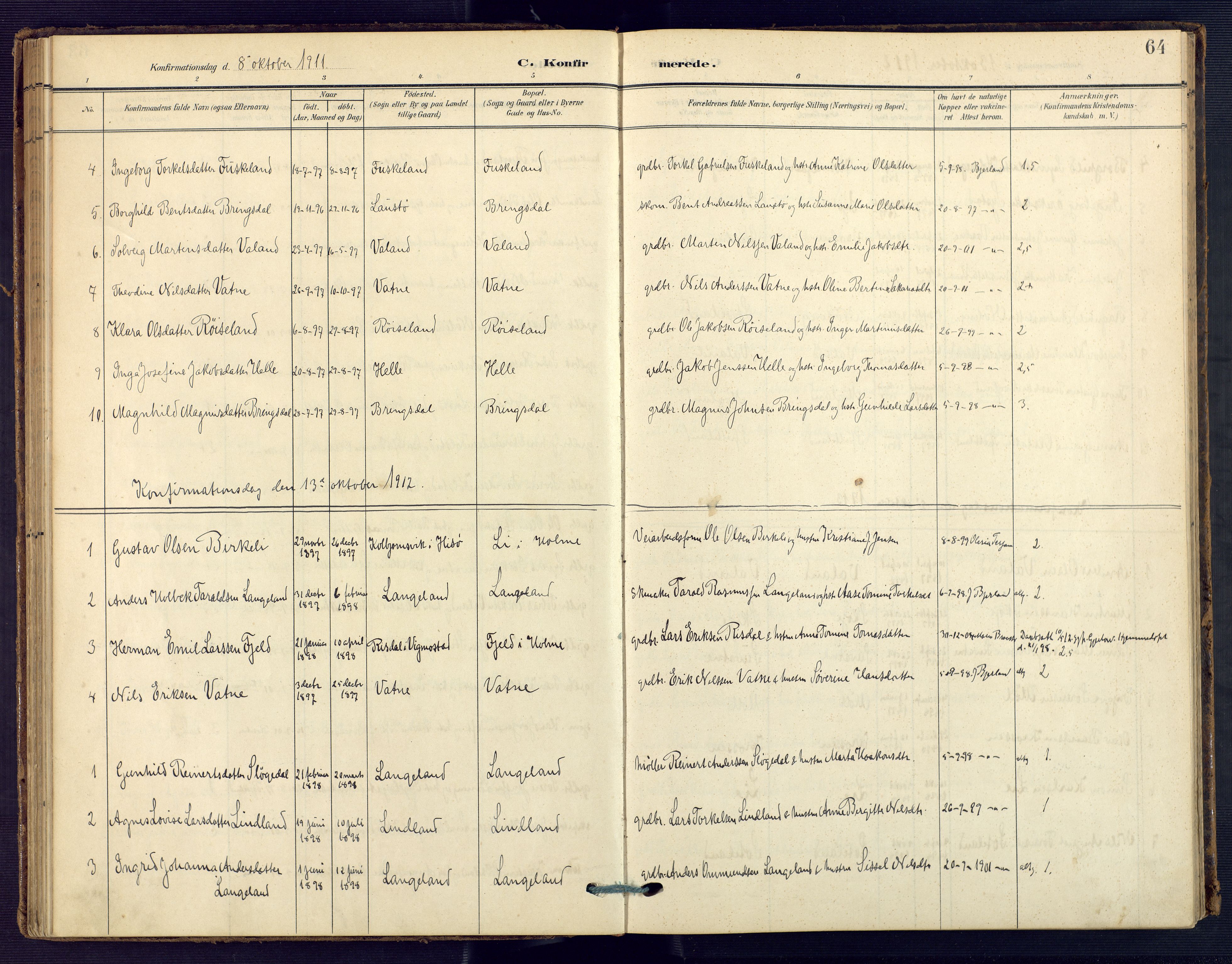 Holum sokneprestkontor, AV/SAK-1111-0022/F/Fa/Faa/L0008: Parish register (official) no. A 8, 1908-1929, p. 64