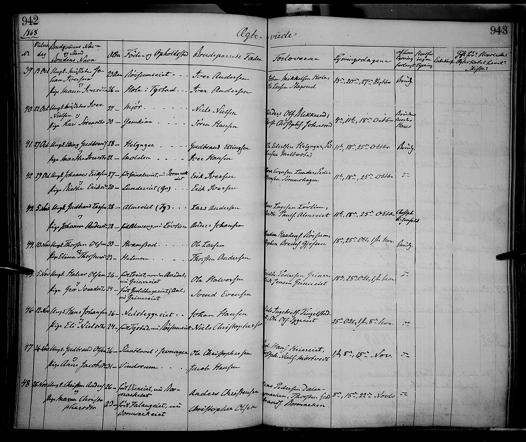 Gran prestekontor, SAH/PREST-112/H/Ha/Haa/L0012: Parish register (official) no. 12, 1856-1874, p. 942-943