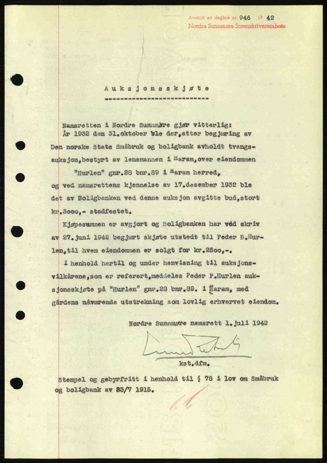 Nordre Sunnmøre sorenskriveri, AV/SAT-A-0006/1/2/2C/2Ca: Mortgage book no. A13, 1942-1942, Diary no: : 946/1942