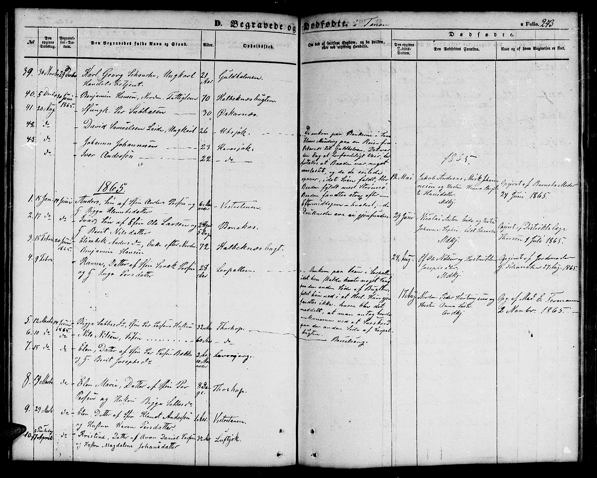 Tana sokneprestkontor, AV/SATØ-S-1334/H/Hb/L0001klokker: Parish register (copy) no. 1 /1, 1853-1867, p. 243