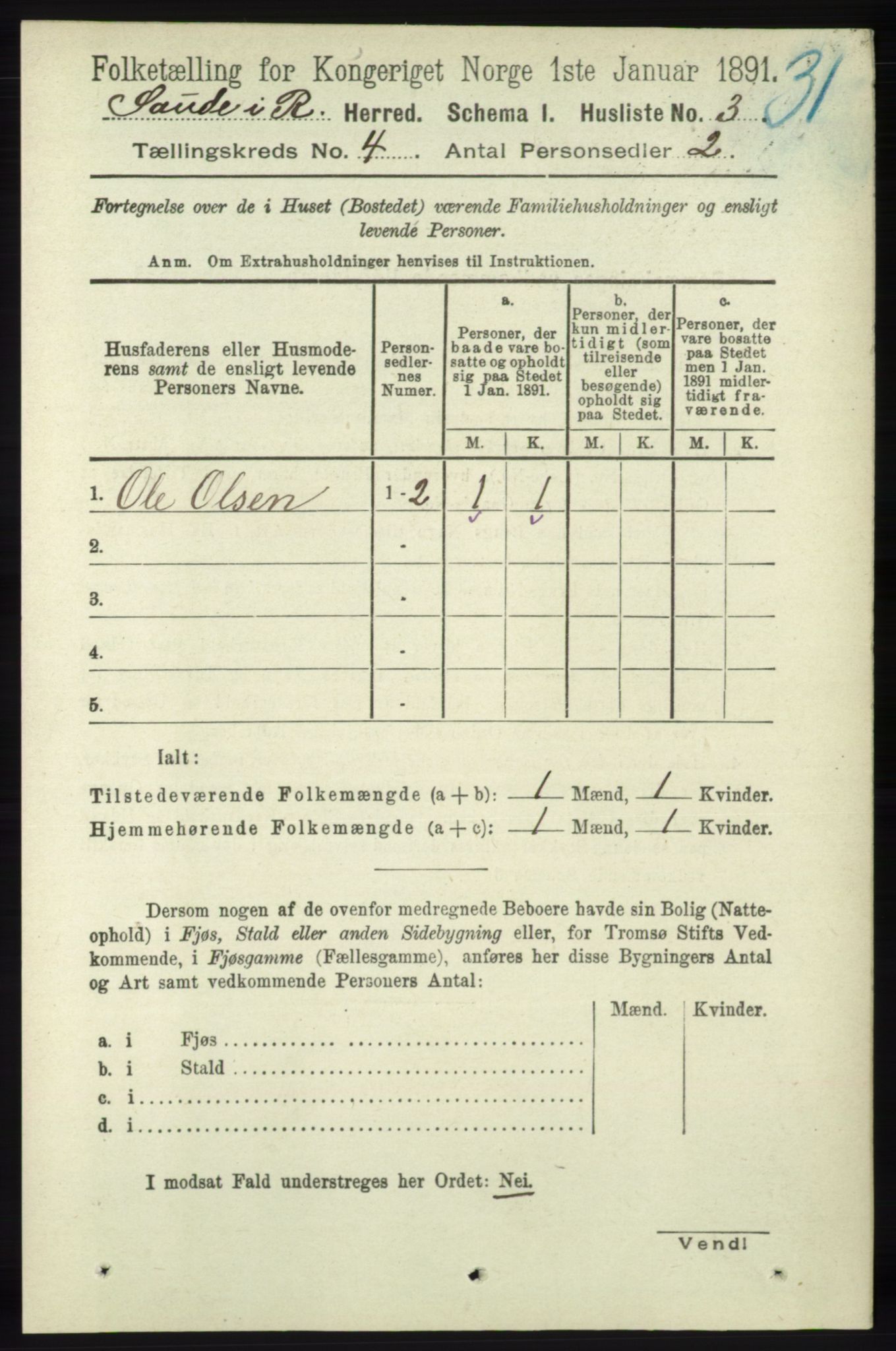 RA, 1891 census for 1135 Sauda, 1891, p. 1743