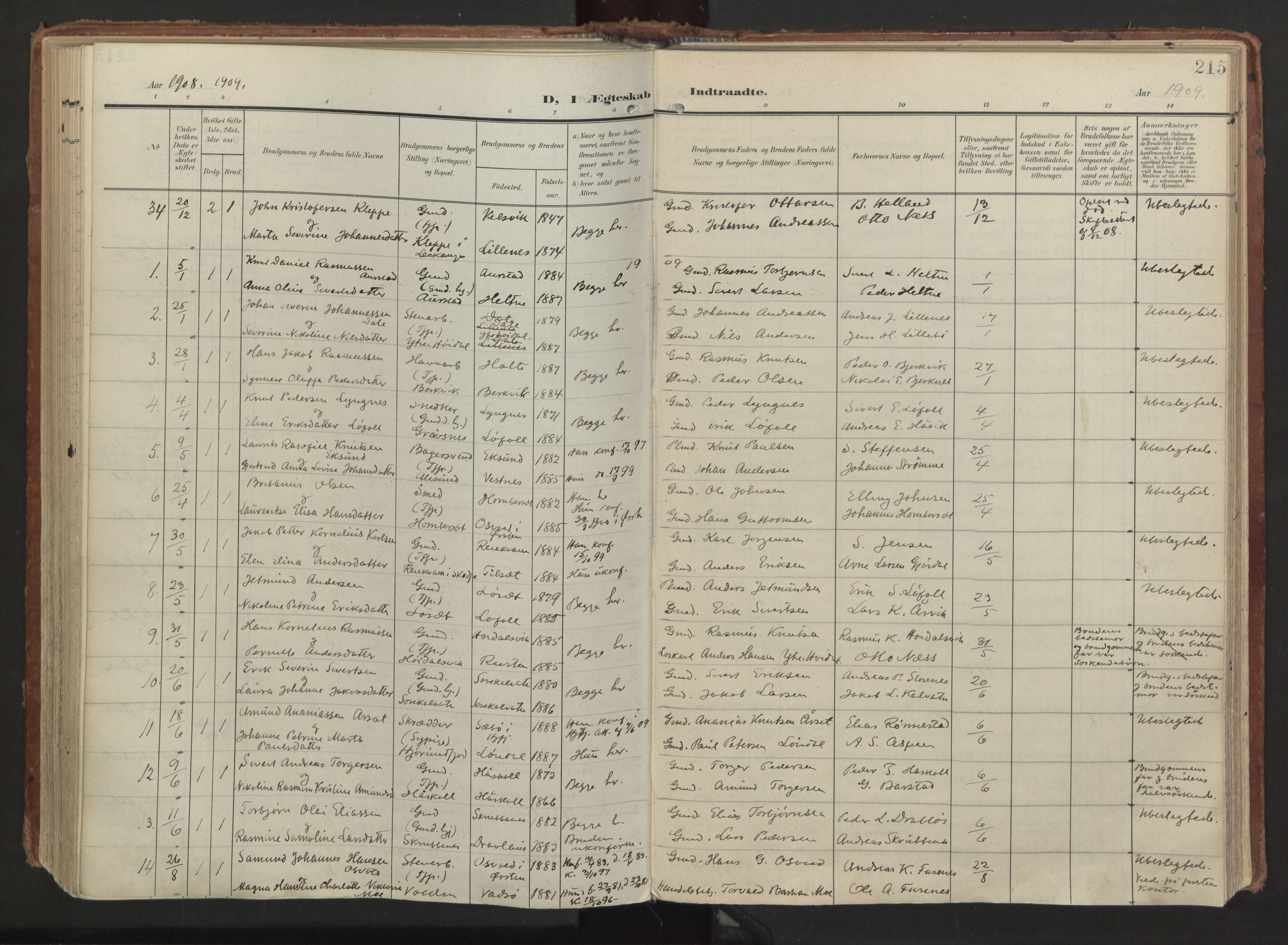 Ministerialprotokoller, klokkerbøker og fødselsregistre - Møre og Romsdal, AV/SAT-A-1454/511/L0144: Parish register (official) no. 511A11, 1906-1923, p. 215