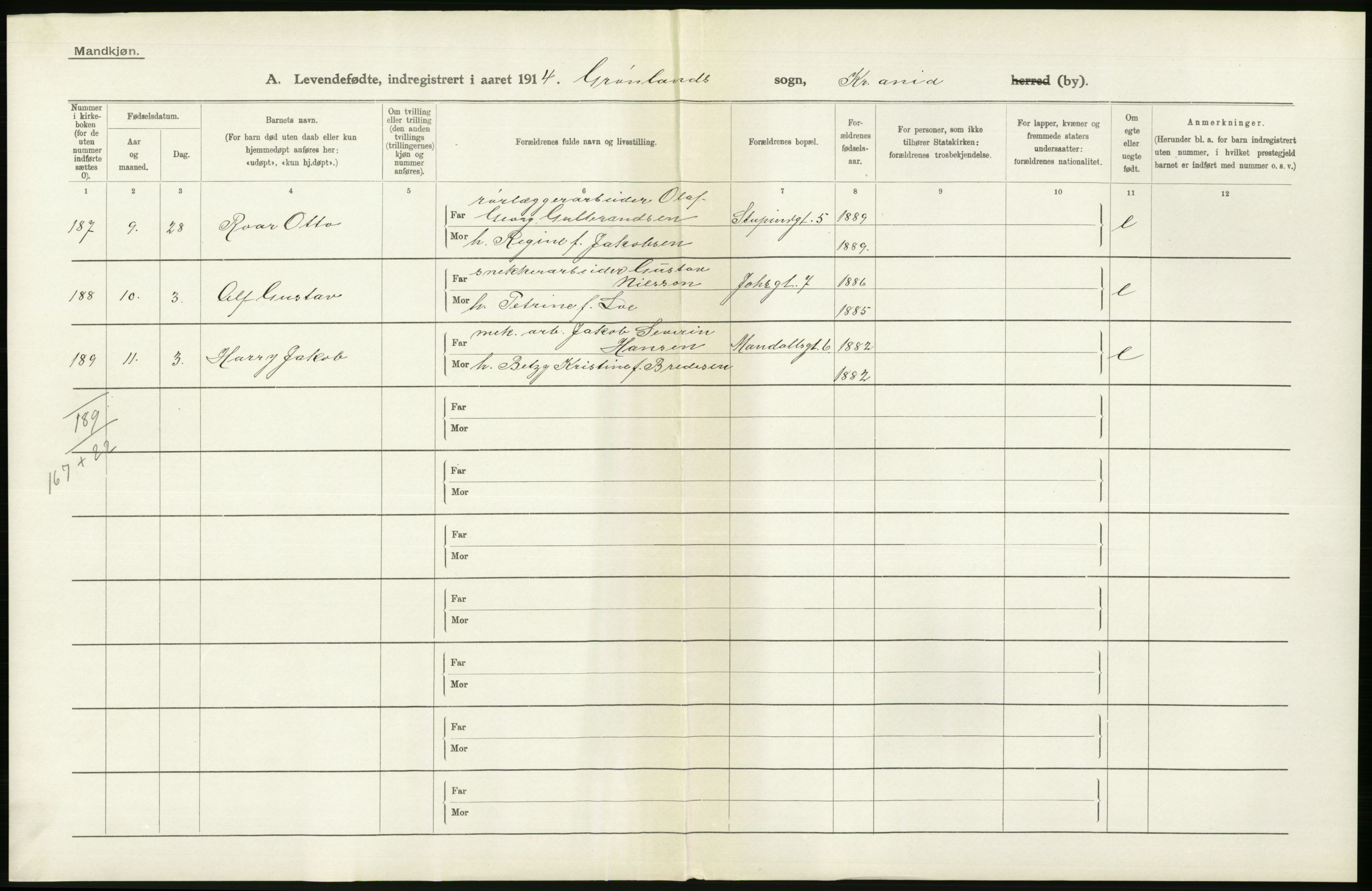 Statistisk sentralbyrå, Sosiodemografiske emner, Befolkning, AV/RA-S-2228/D/Df/Dfb/Dfbd/L0005: Kristiania: Levendefødte menn og kvinner., 1914, p. 598