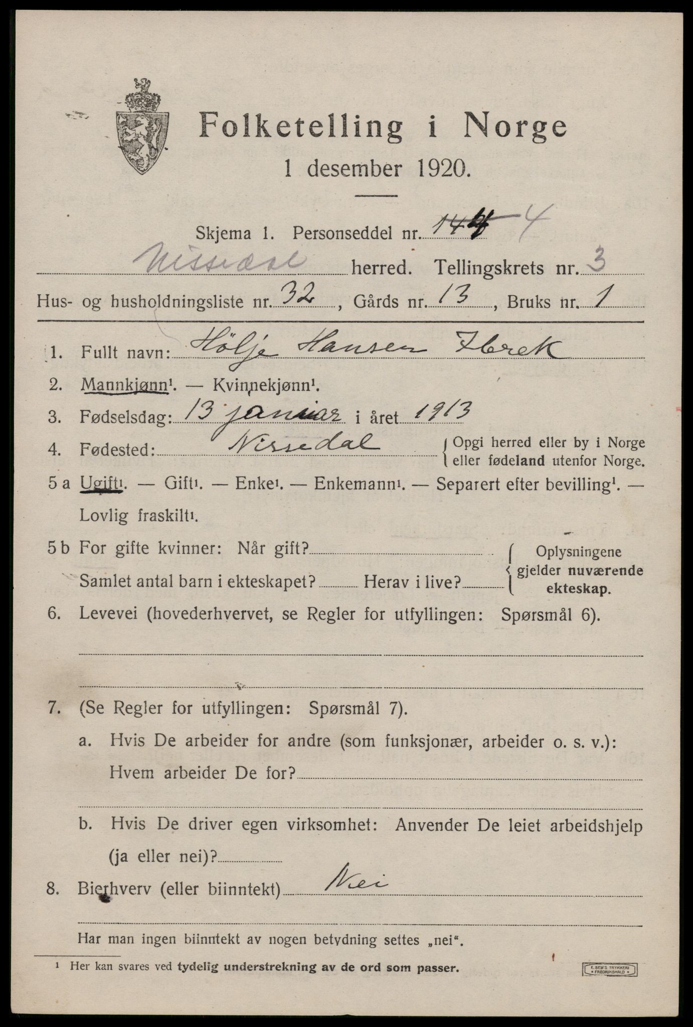 SAKO, 1920 census for Nissedal, 1920, p. 1783