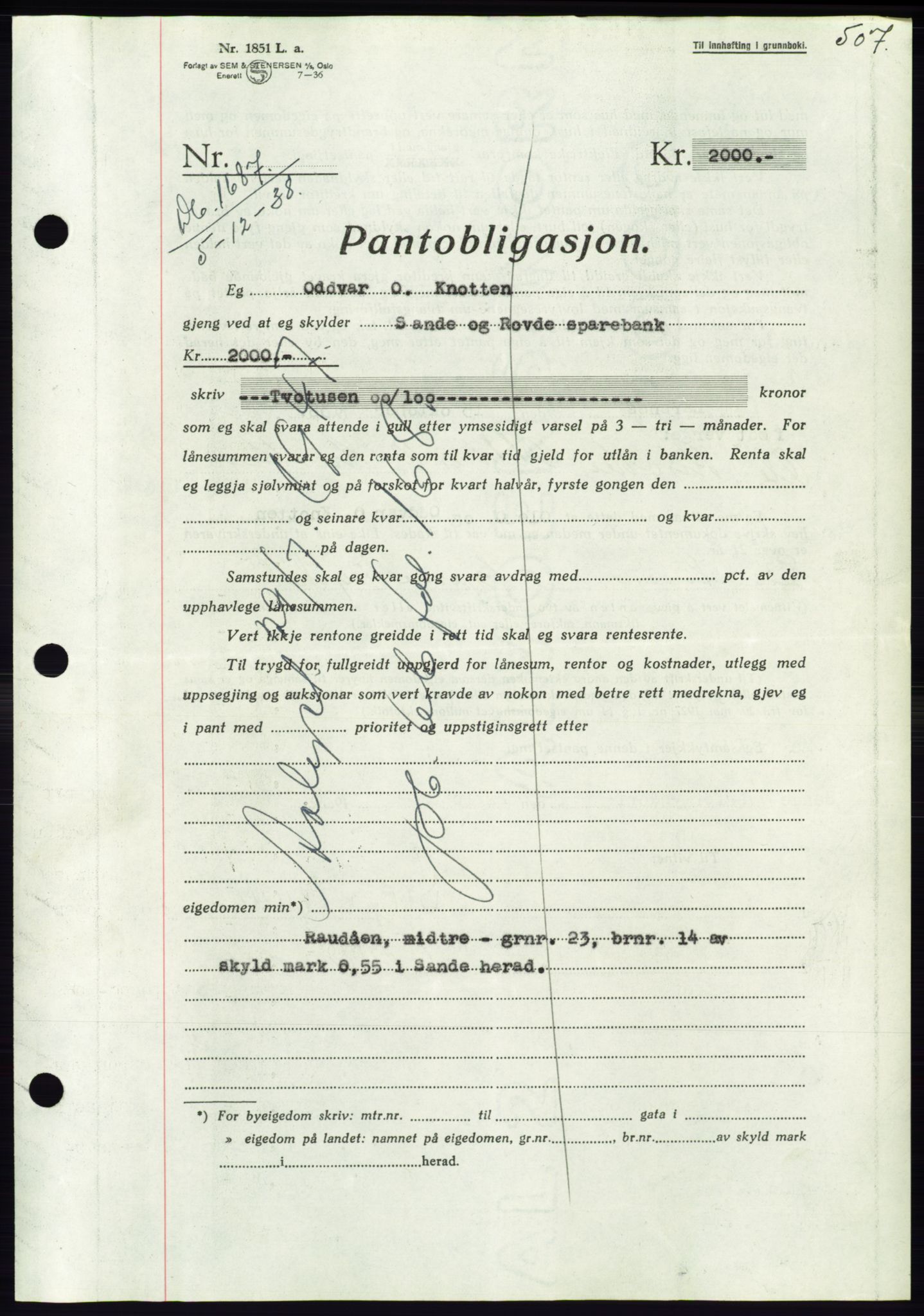 Søre Sunnmøre sorenskriveri, AV/SAT-A-4122/1/2/2C/L0066: Mortgage book no. 60, 1938-1938, Diary no: : 1687/1938