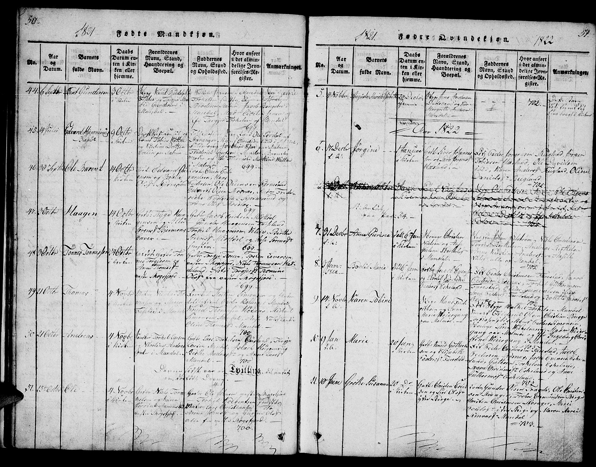 Mandal sokneprestkontor, SAK/1111-0030/F/Fb/Fba/L0001: Parish register (copy) no. B 1, 1818-1830, p. 50-51