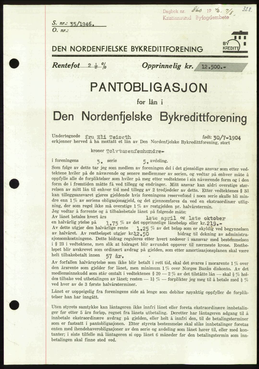 Kristiansund byfogd, AV/SAT-A-4587/A/27: Mortgage book no. 40, 1946-1946, Diary no: : 860/1946