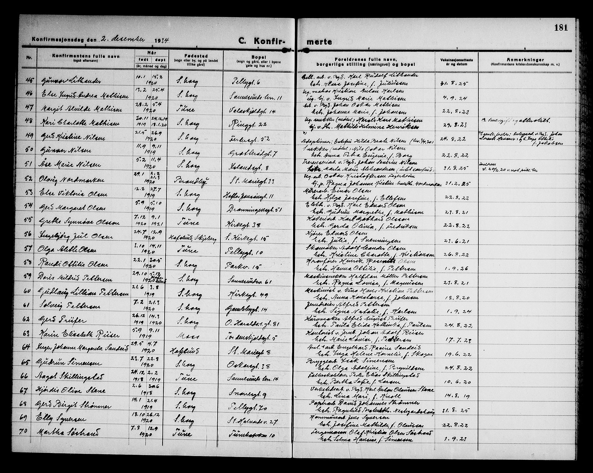 Sarpsborg prestekontor Kirkebøker, AV/SAO-A-2006/G/Ga/L0005: Parish register (copy) no. 5, 1932-1950, p. 181