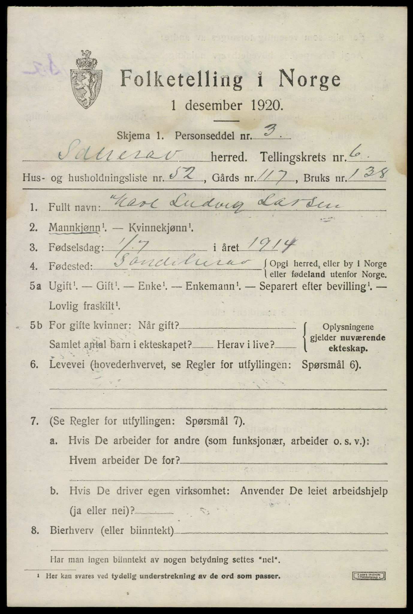 SAKO, 1920 census for Sandeherred, 1920, p. 10272