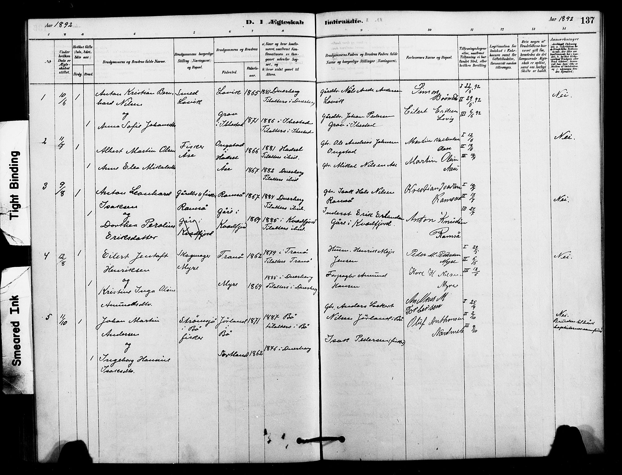 Ministerialprotokoller, klokkerbøker og fødselsregistre - Nordland, AV/SAT-A-1459/897/L1399: Parish register (official) no. 897C06, 1881-1896, p. 137