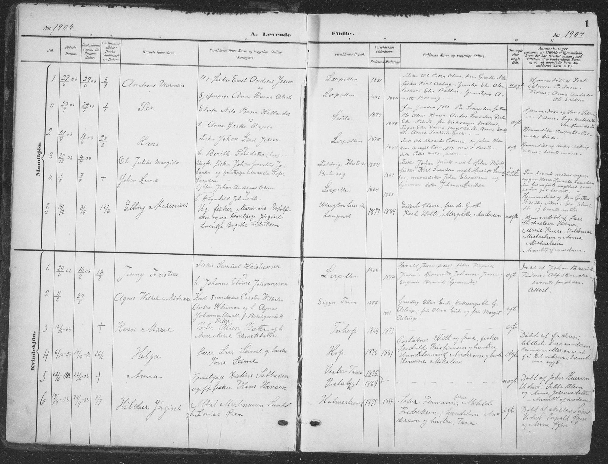 Tana sokneprestkontor, SATØ/S-1334/H/Ha/L0007kirke: Parish register (official) no. 7, 1904-1918, p. 1
