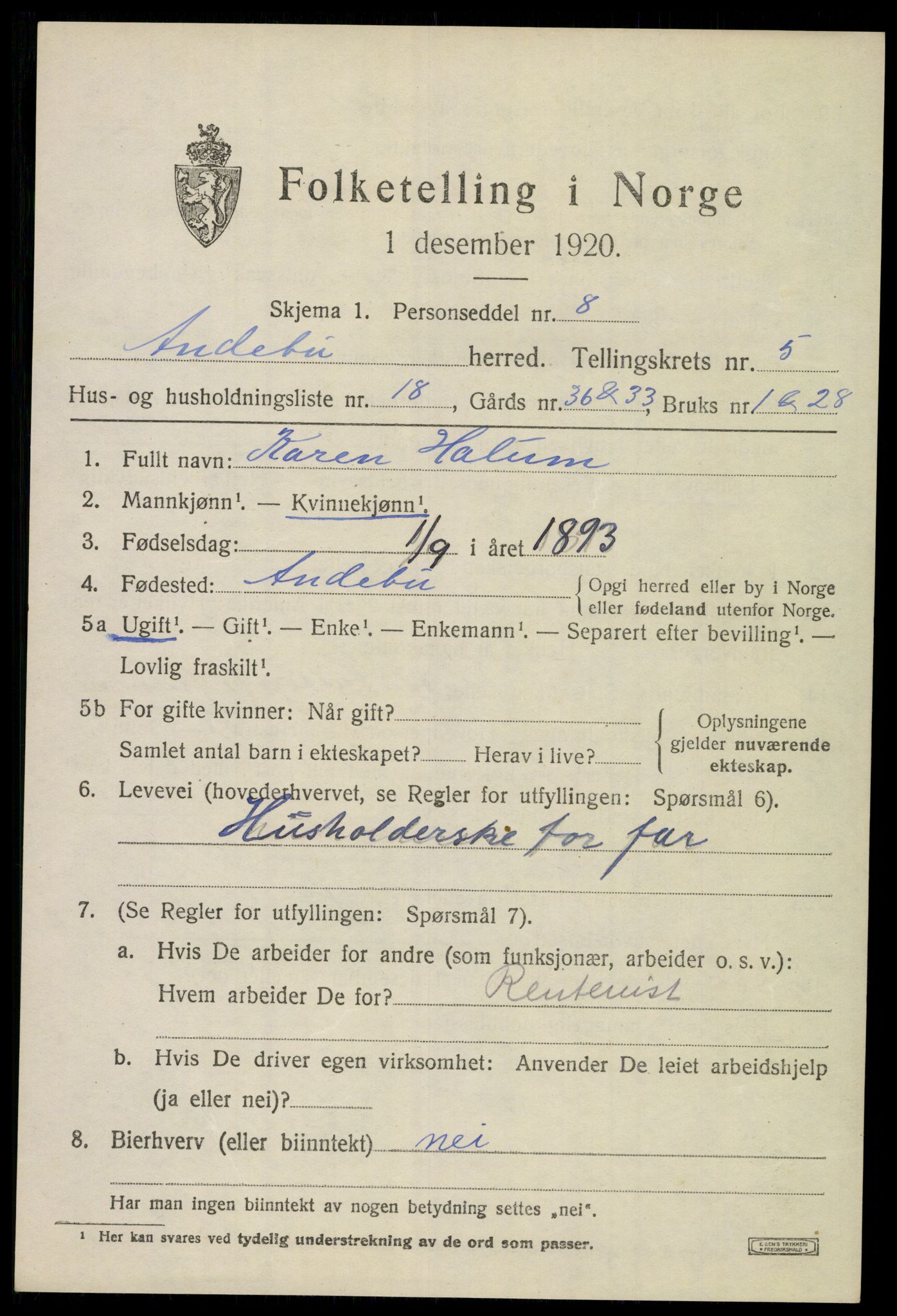 SAKO, 1920 census for Andebu, 1920, p. 2806