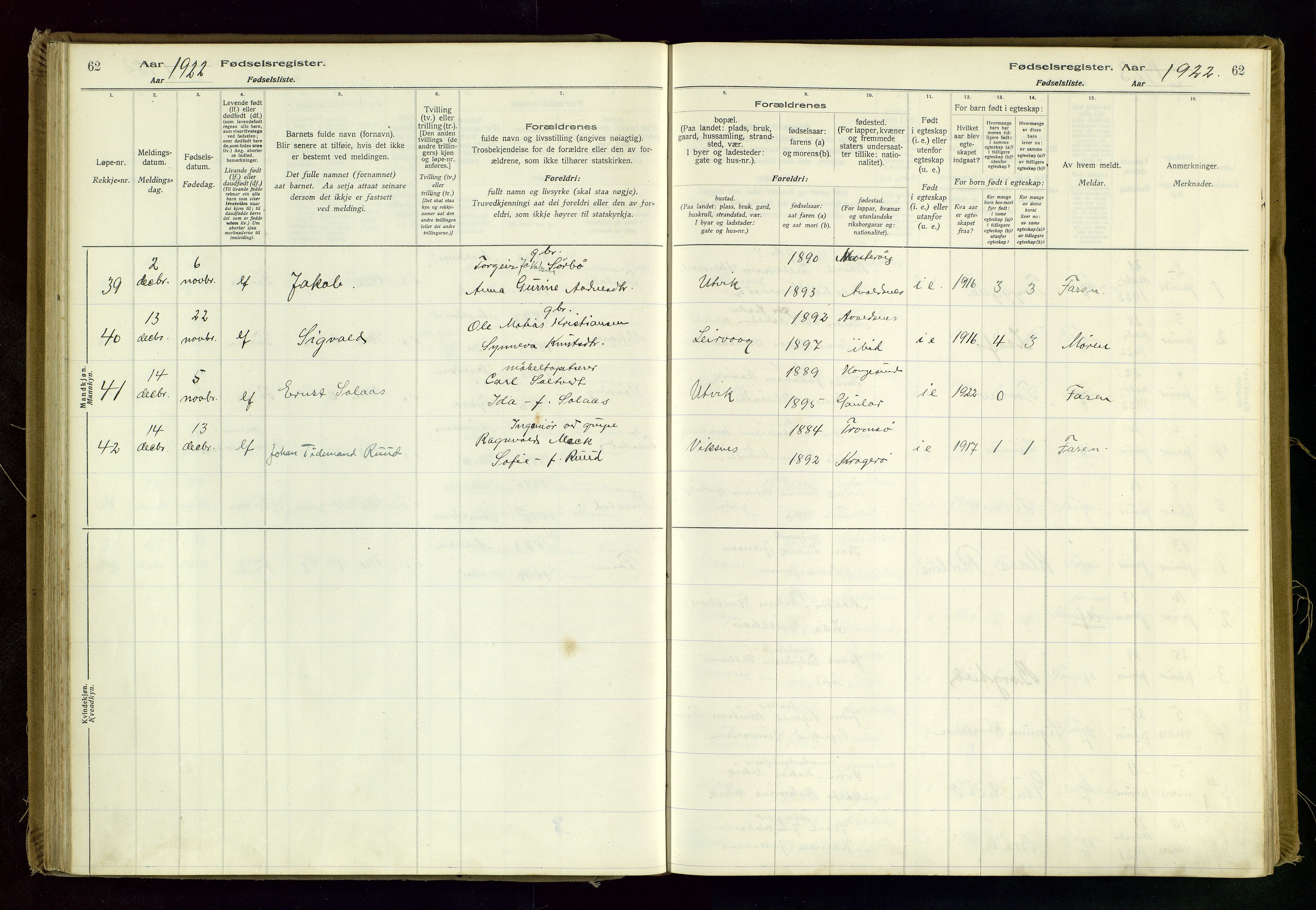 Avaldsnes sokneprestkontor, AV/SAST-A -101851/I/Id/L0001: Birth register no. 1, 1916-1946, p. 62