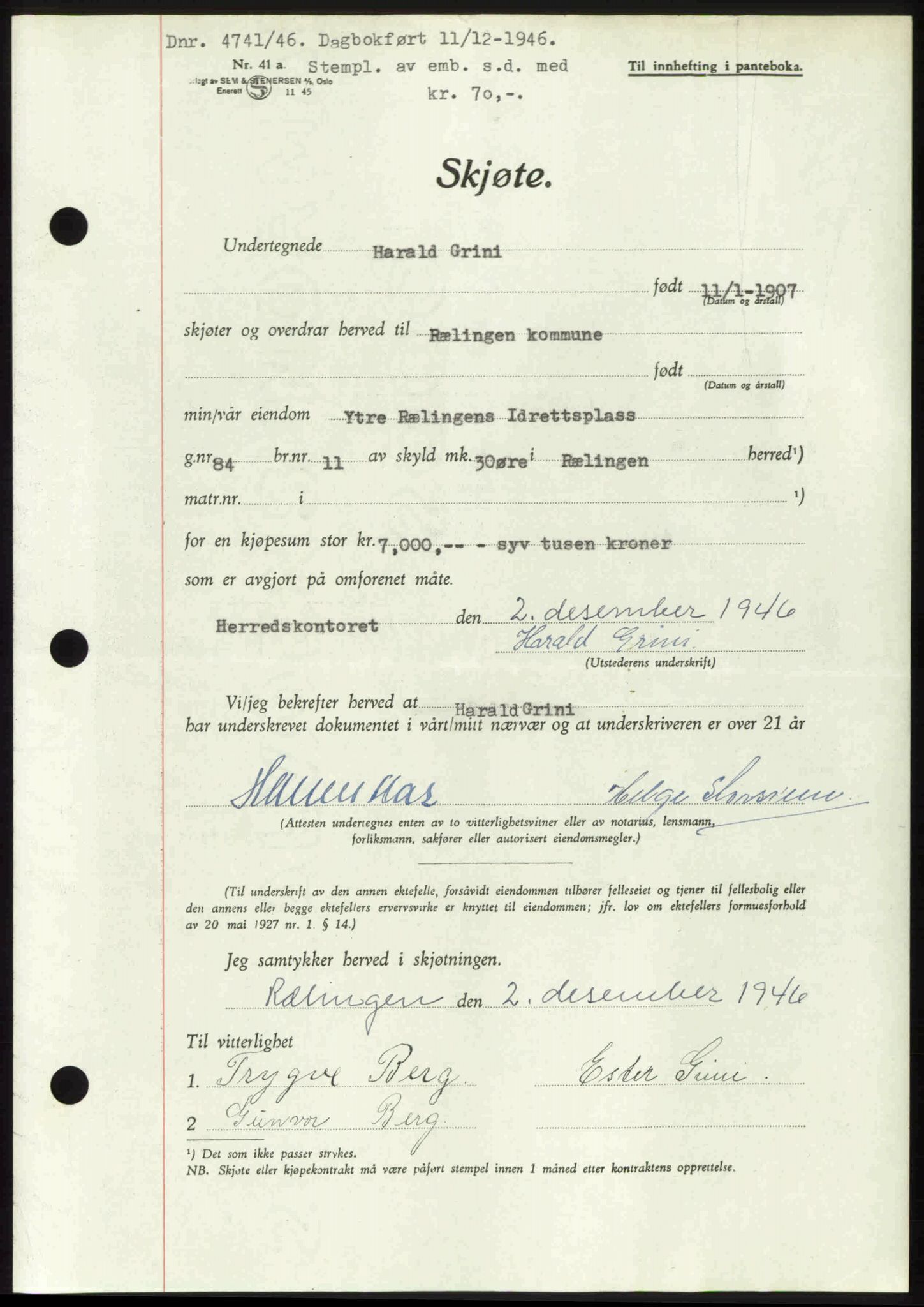 Nedre Romerike sorenskriveri, AV/SAO-A-10469/G/Gb/Gbd/L0017: Mortgage book no. 17, 1946-1946, Diary no: : 4741/1946