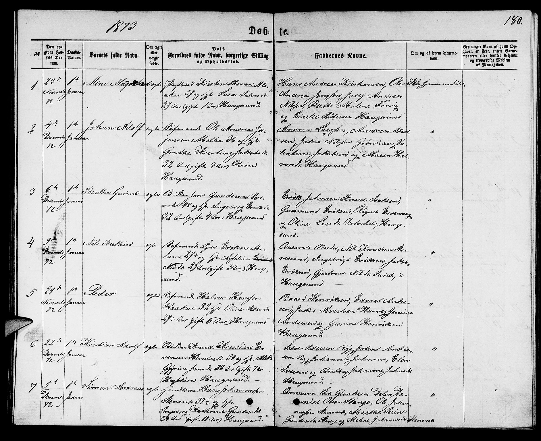 Torvastad sokneprestkontor, SAST/A -101857/H/Ha/Hab/L0007: Parish register (copy) no. B 7, 1866-1873, p. 180