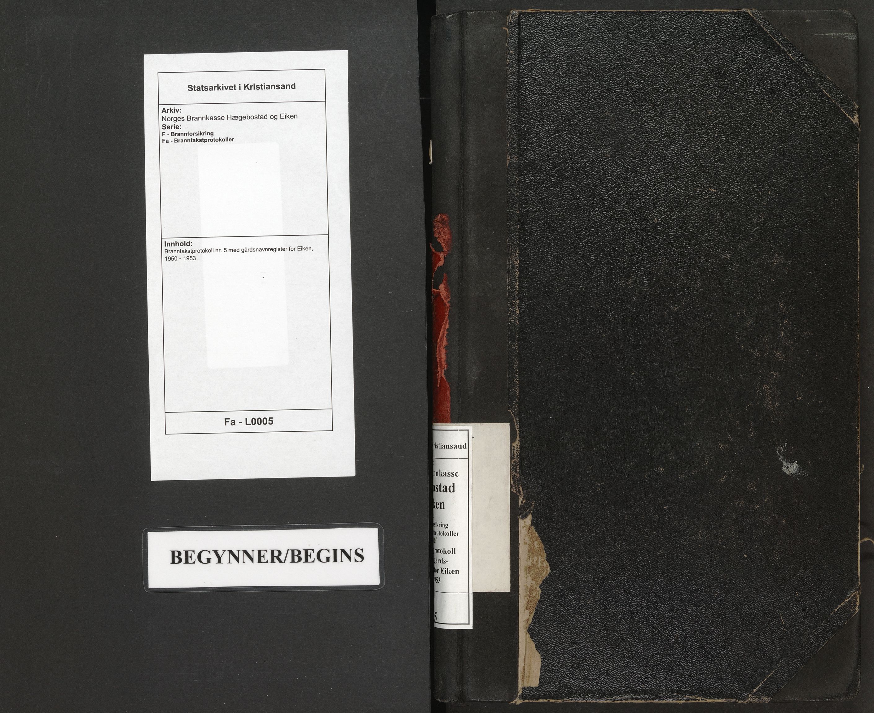 Norges Brannkasse Hægebostad og Eiken, AV/SAK-2241-0027/F/Fa/L0005: Branntakstprotokoll nr. 5 med gårdsnavnregister for Eiken, 1950-1953