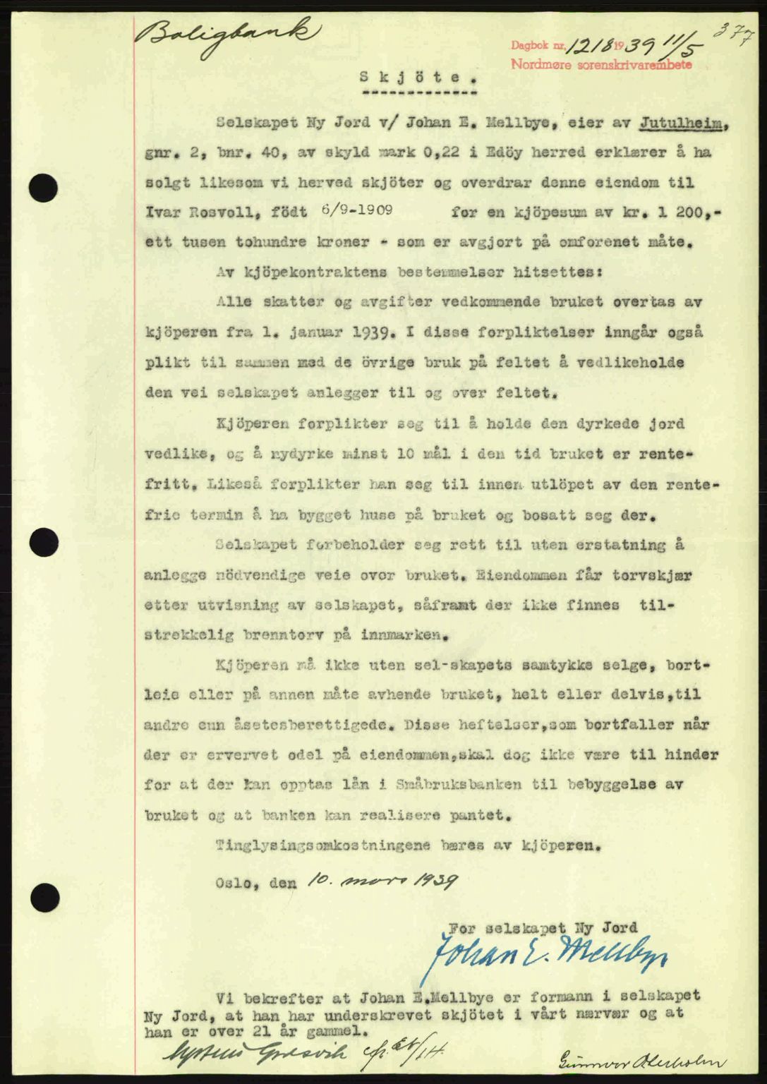 Nordmøre sorenskriveri, AV/SAT-A-4132/1/2/2Ca: Mortgage book no. A86, 1939-1939, Diary no: : 1218/1939