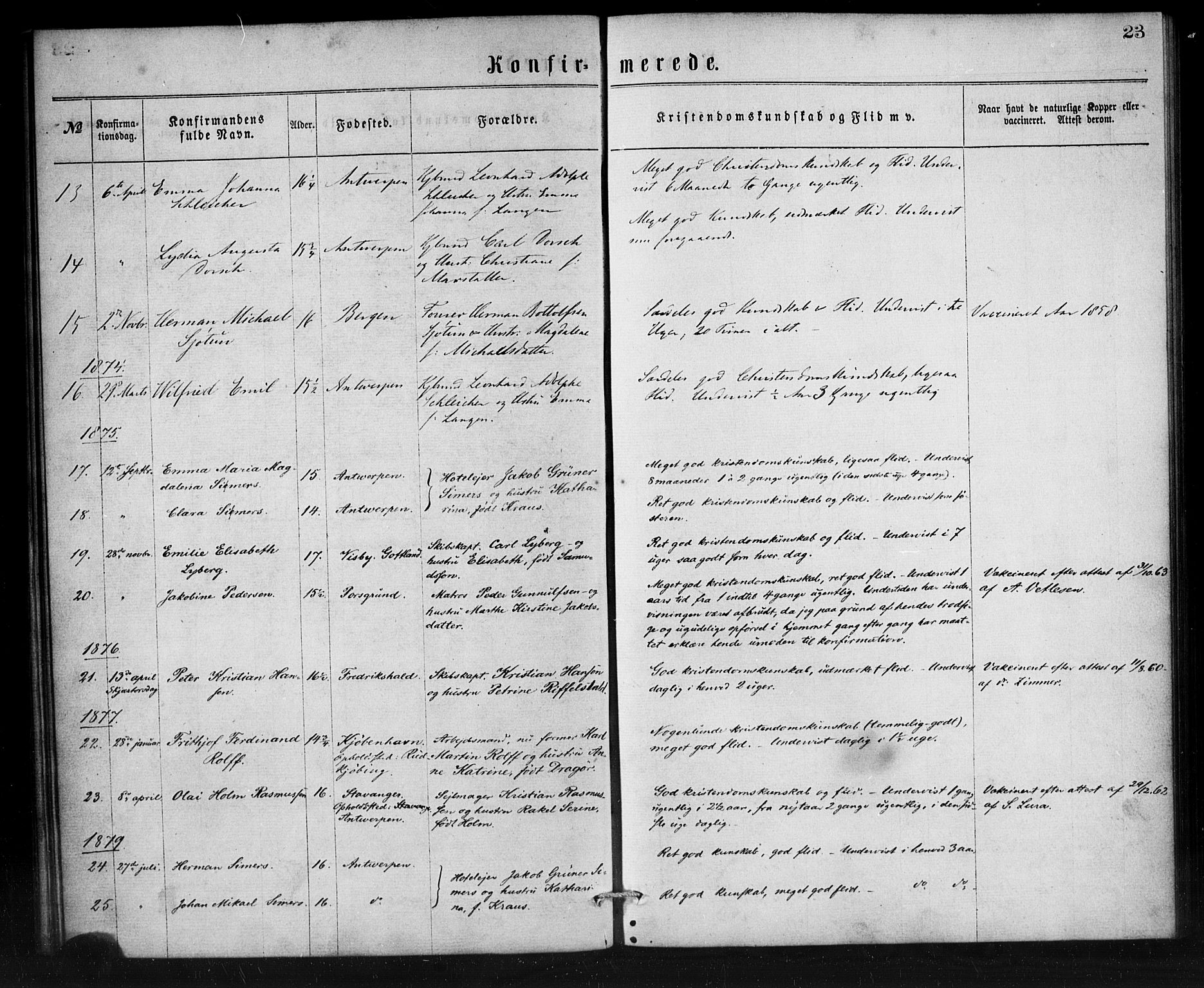 Den norske sjømannsmisjon i utlandet/Antwerpen, SAB/SAB/PA-0105/H/Ha/L0001: Parish register (official) no. A 1, 1865-1887, p. 23