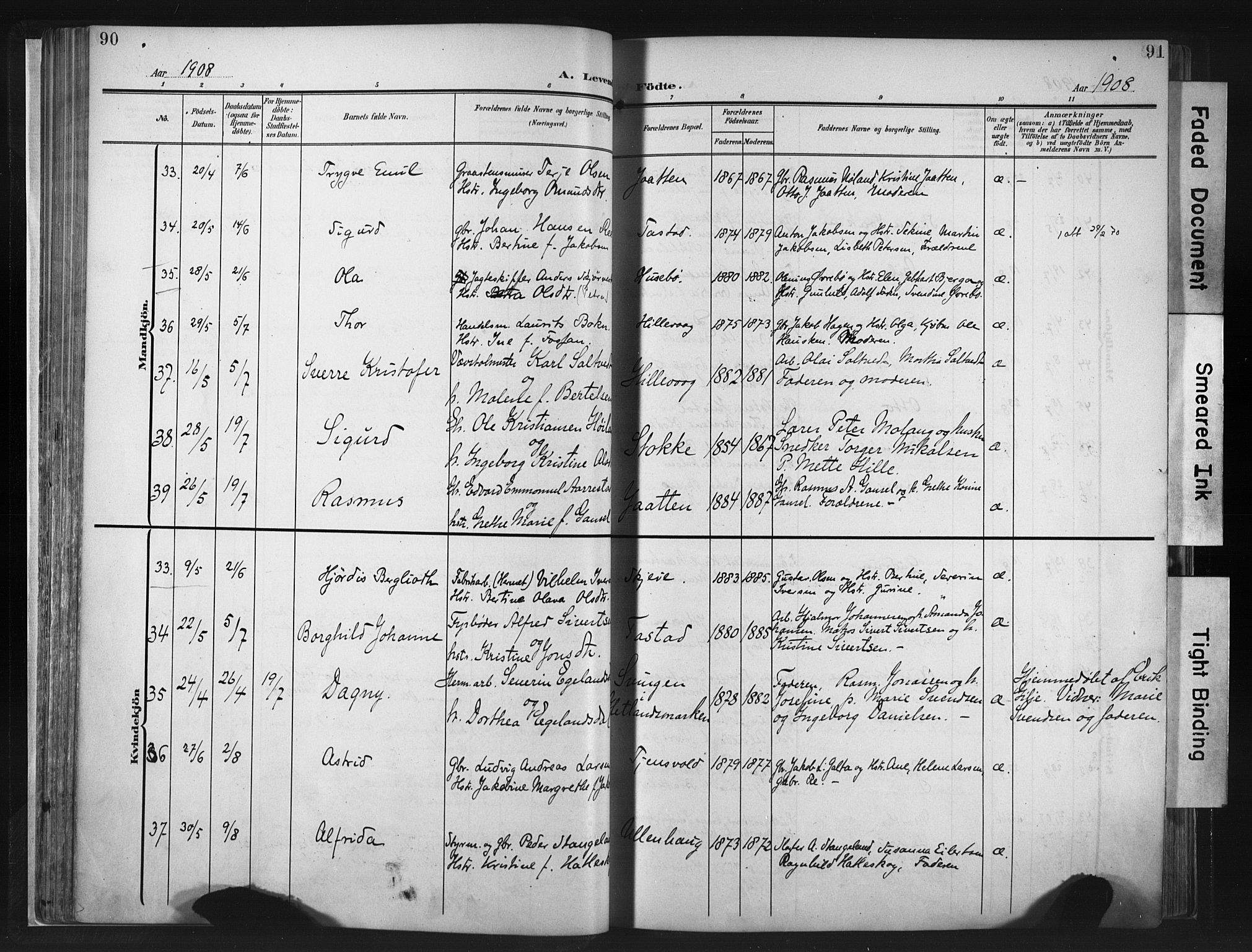 Hetland sokneprestkontor, AV/SAST-A-101826/30/30BA/L0013: Parish register (official) no. A 13, 1904-1918, p. 90-91