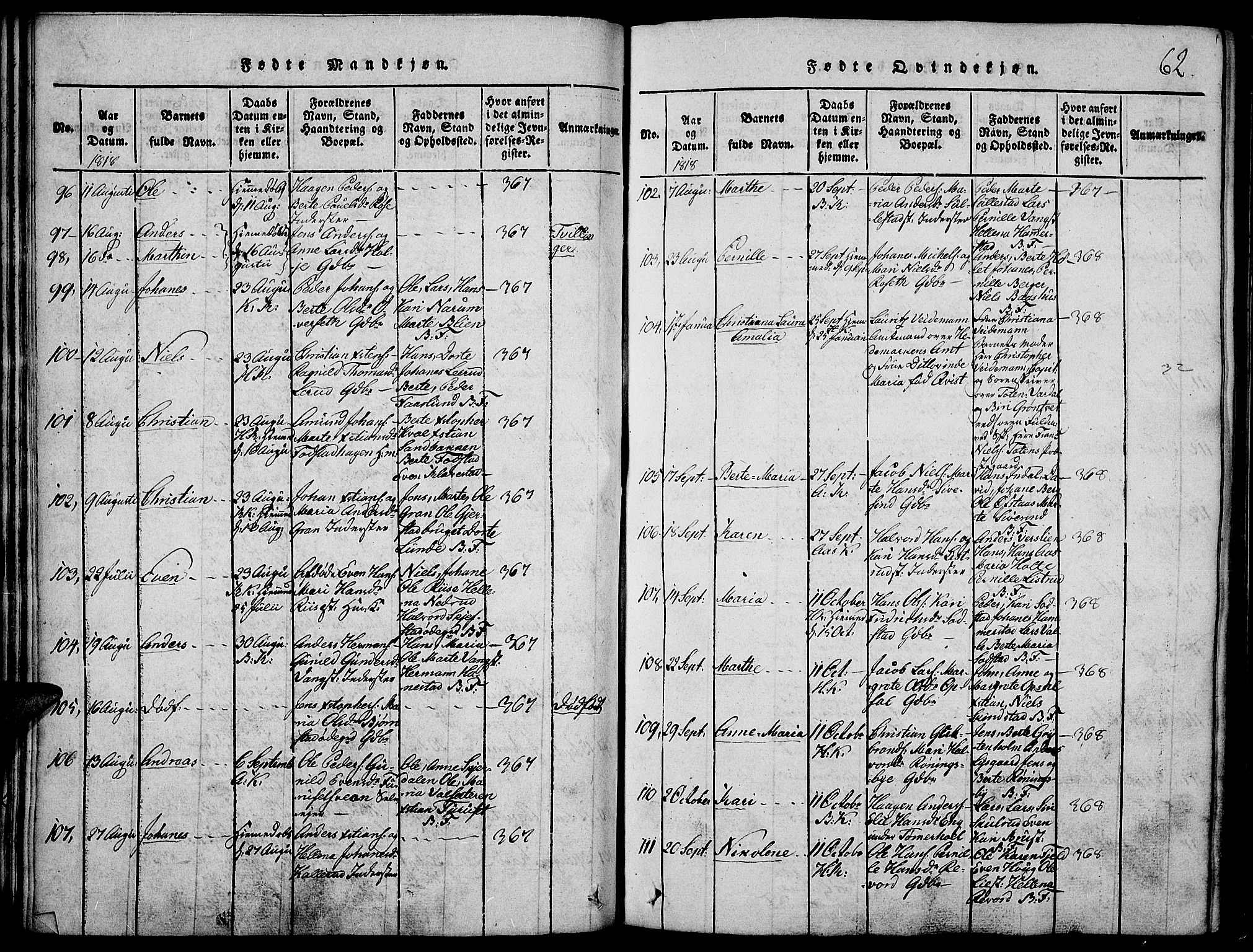 Toten prestekontor, SAH/PREST-102/H/Ha/Haa/L0009: Parish register (official) no. 9, 1814-1820, p. 62