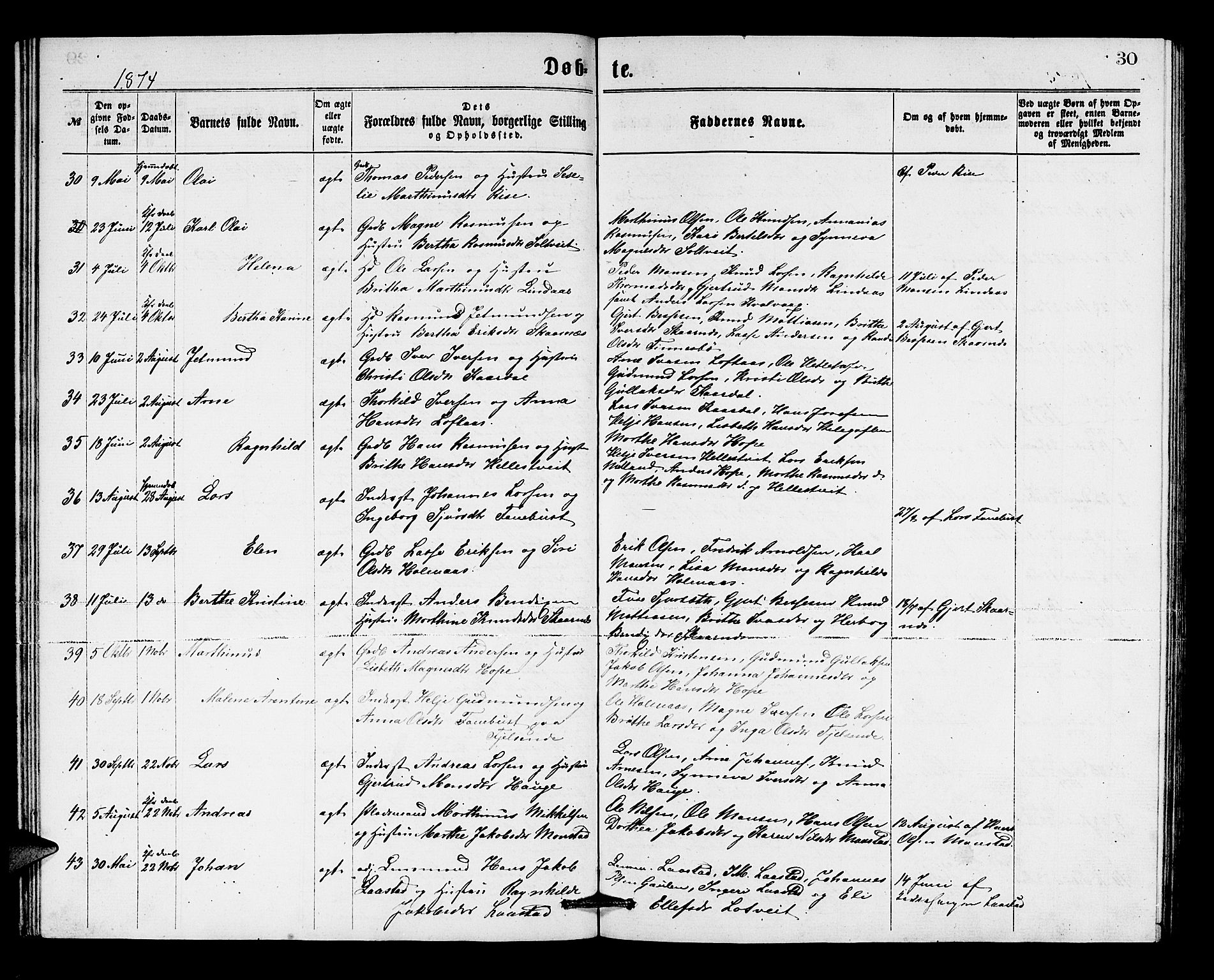 Lindås Sokneprestembete, SAB/A-76701/H/Hab: Parish register (copy) no. B 2, 1867-1885, p. 30