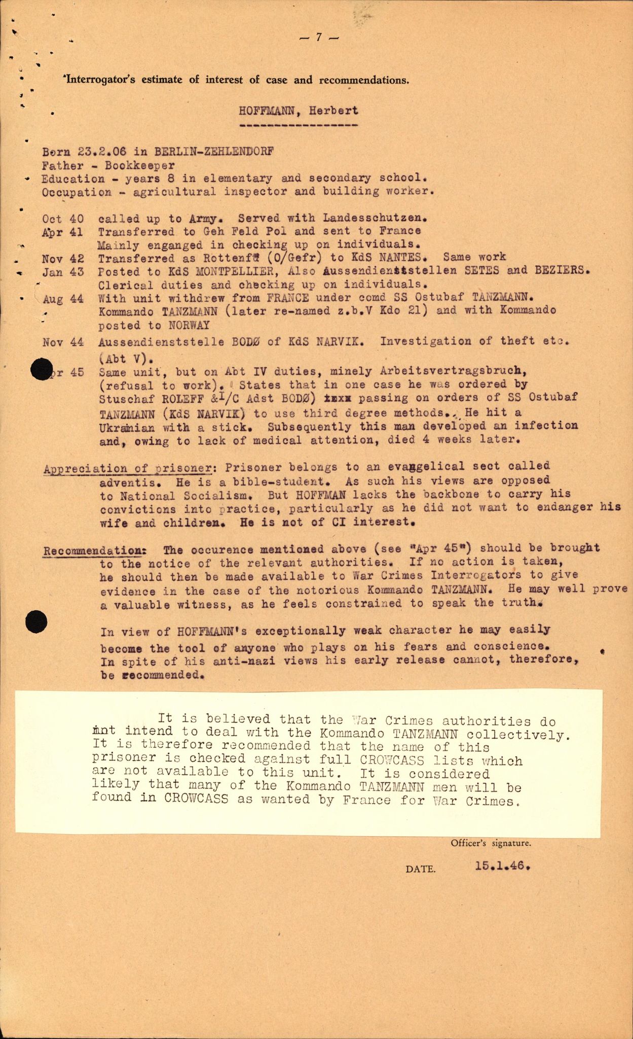 Forsvaret, Forsvarets overkommando II, AV/RA-RAFA-3915/D/Db/L0013: CI Questionaires. Tyske okkupasjonsstyrker i Norge. Tyskere., 1945-1946, p. 358