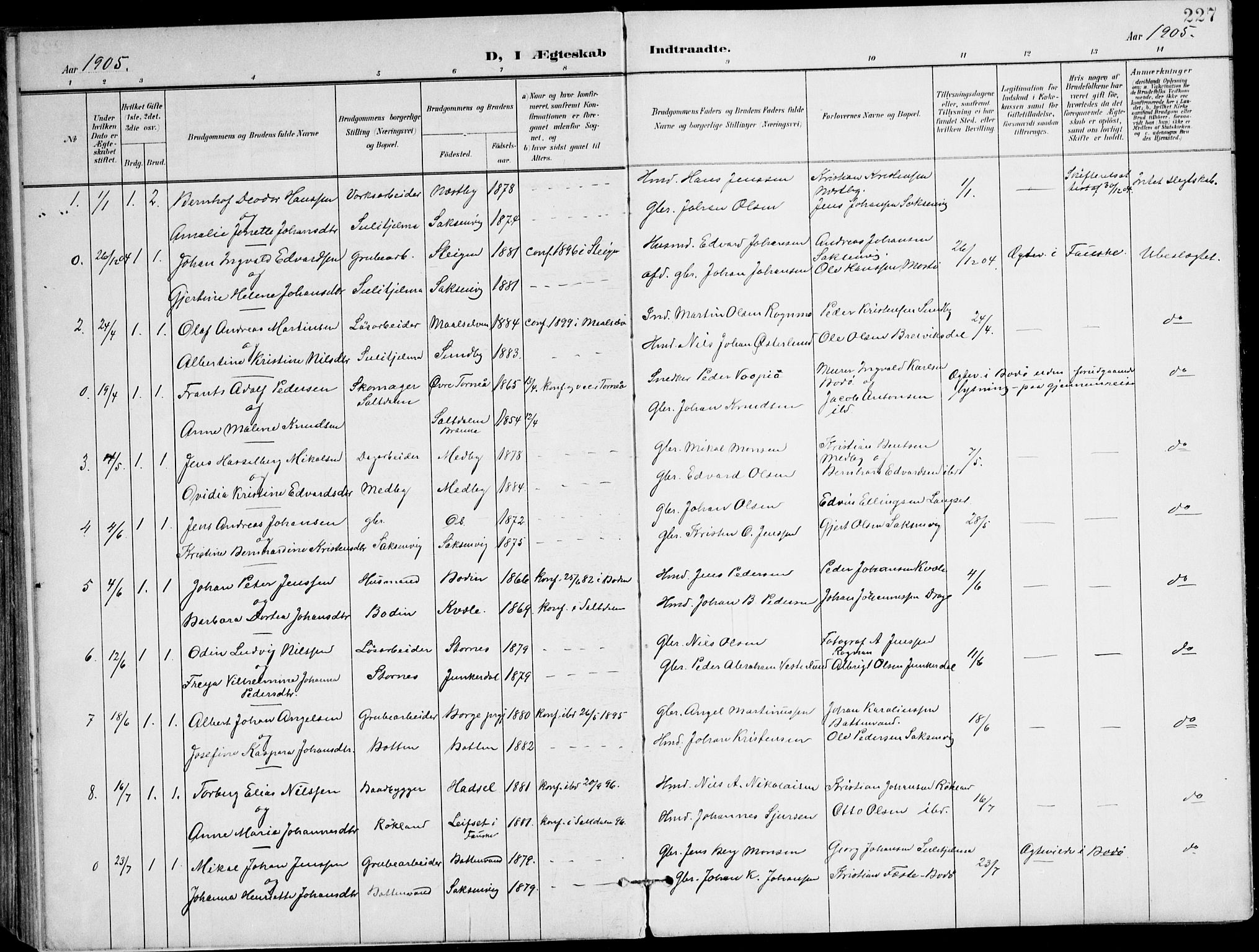 Ministerialprotokoller, klokkerbøker og fødselsregistre - Nordland, SAT/A-1459/847/L0672: Parish register (official) no. 847A12, 1902-1919, p. 227