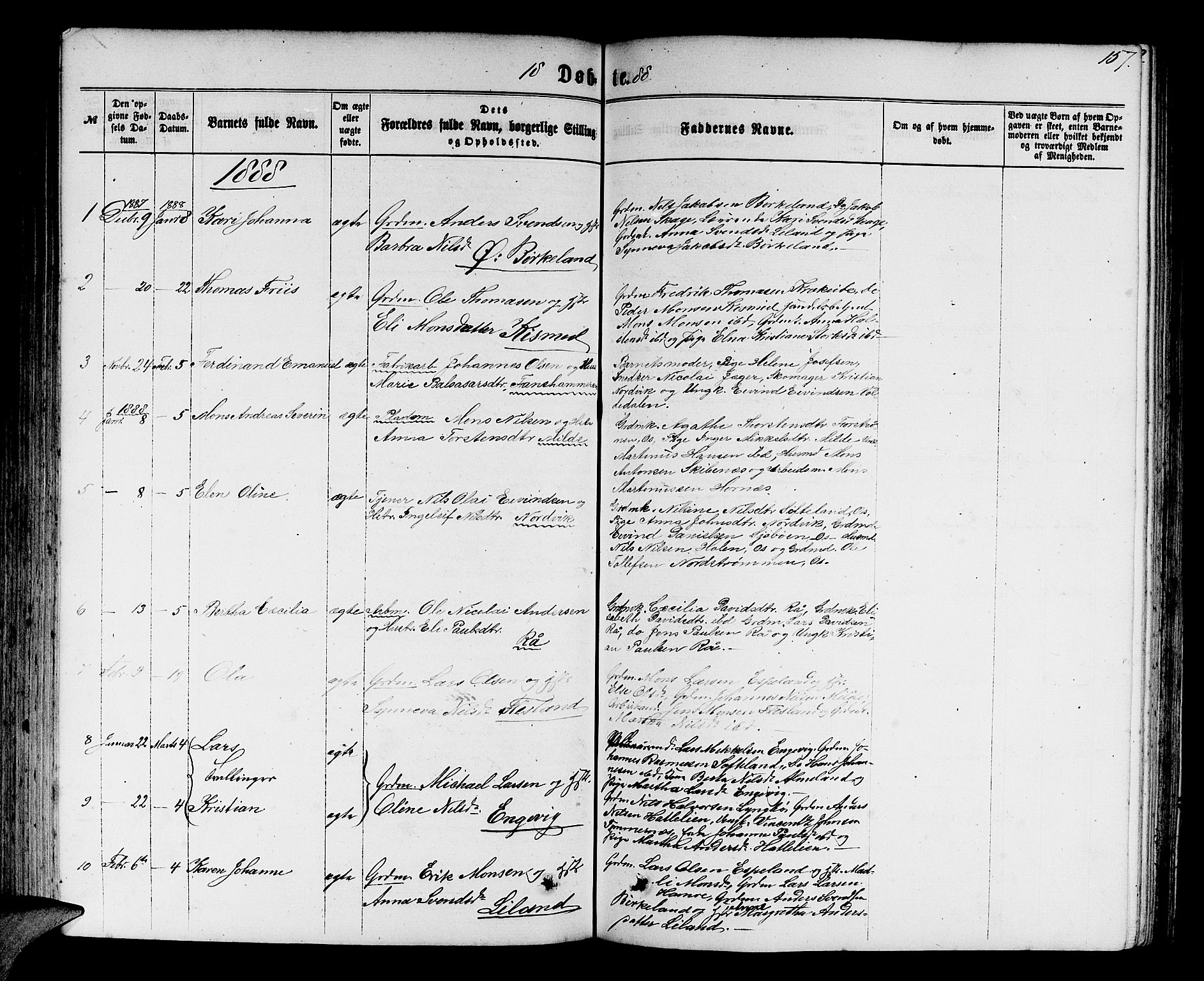 Fana Sokneprestembete, SAB/A-75101/H/Hab/Habb/L0003: Parish register (copy) no. B 3, 1861-1888, p. 157