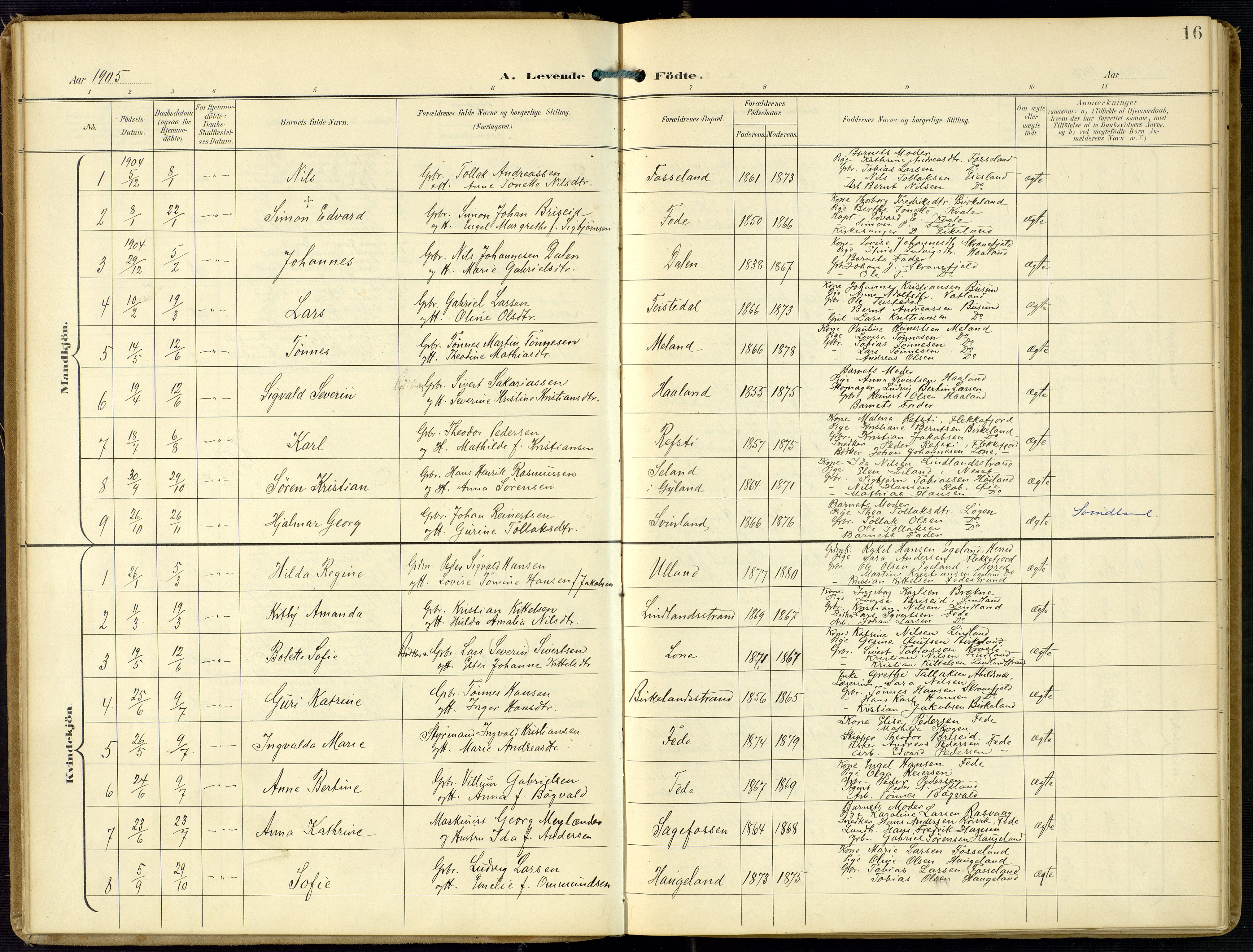 Kvinesdal sokneprestkontor, SAK/1111-0026/F/Fa/Faa/L0005: Parish register (official) no. A 5, 1898-1915, p. 16