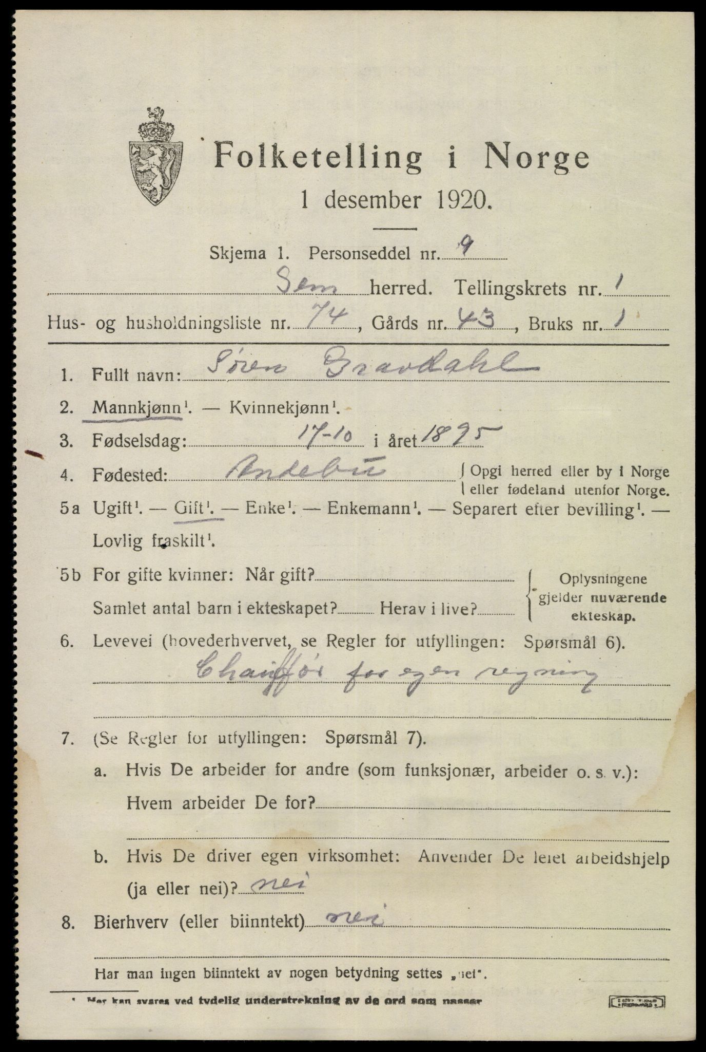 SAKO, 1920 census for Sem, 1920, p. 3575