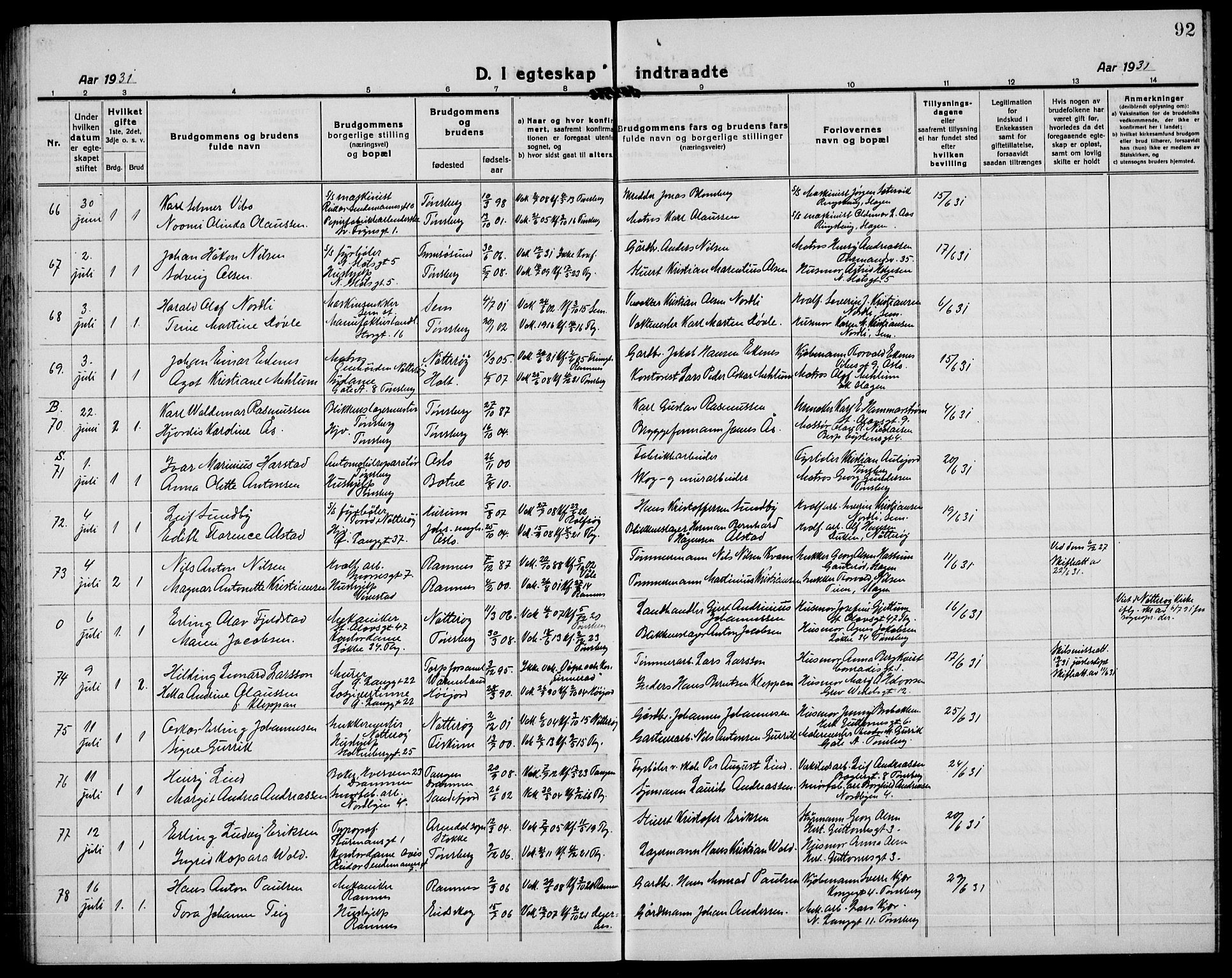 Tønsberg kirkebøker, AV/SAKO-A-330/G/Ga/L0016: Parish register (copy) no. 16, 1920-1933, p. 92