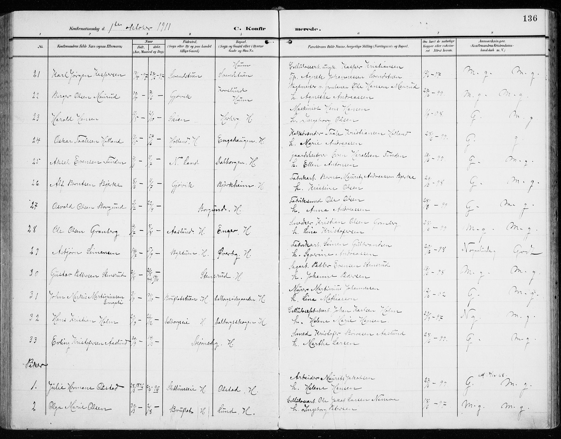 Vardal prestekontor, AV/SAH-PREST-100/H/Ha/Haa/L0016: Parish register (official) no. 16, 1904-1916, p. 136