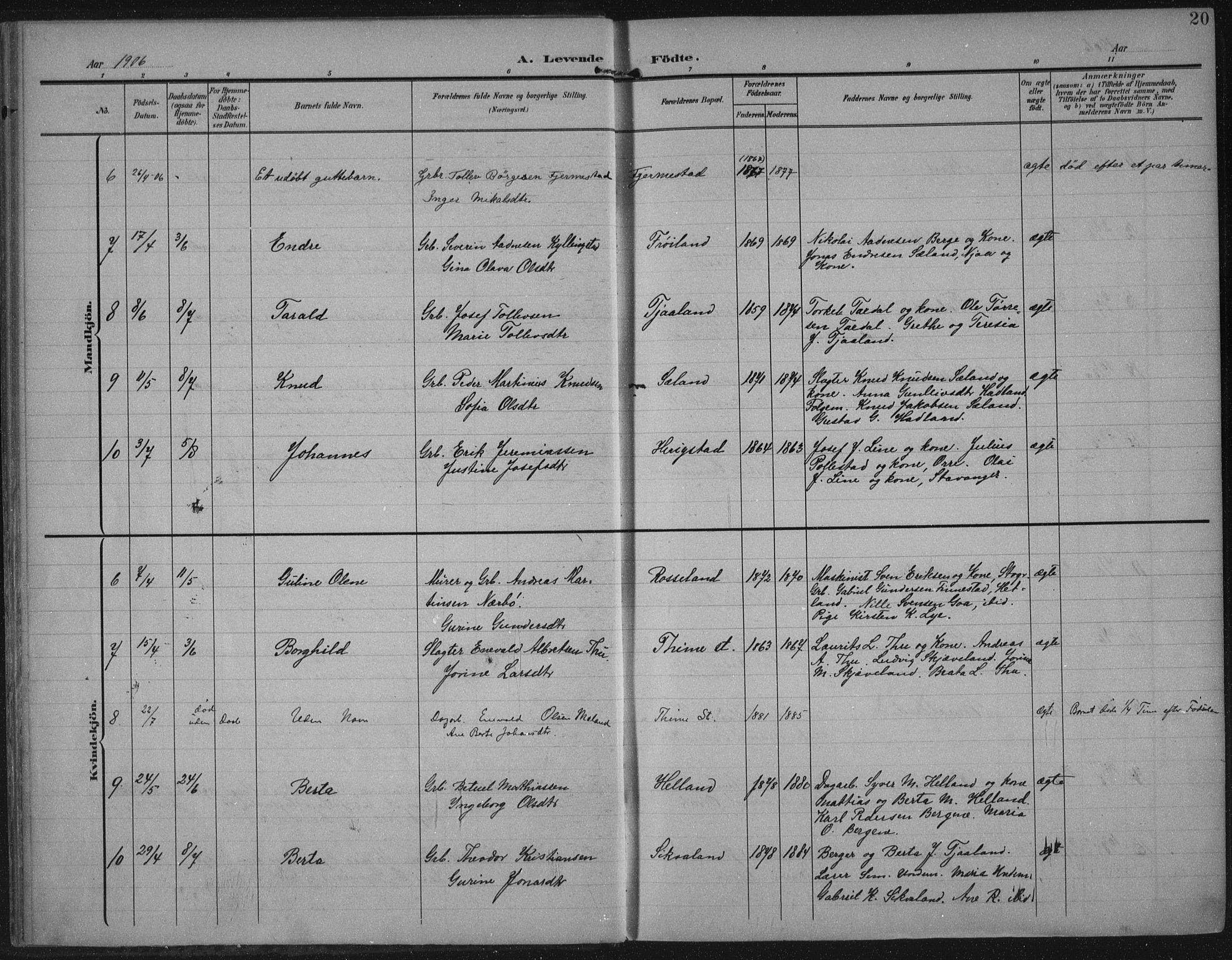 Lye sokneprestkontor, AV/SAST-A-101794/002/A/L0001: Parish register (official) no. A 12, 1904-1920, p. 20