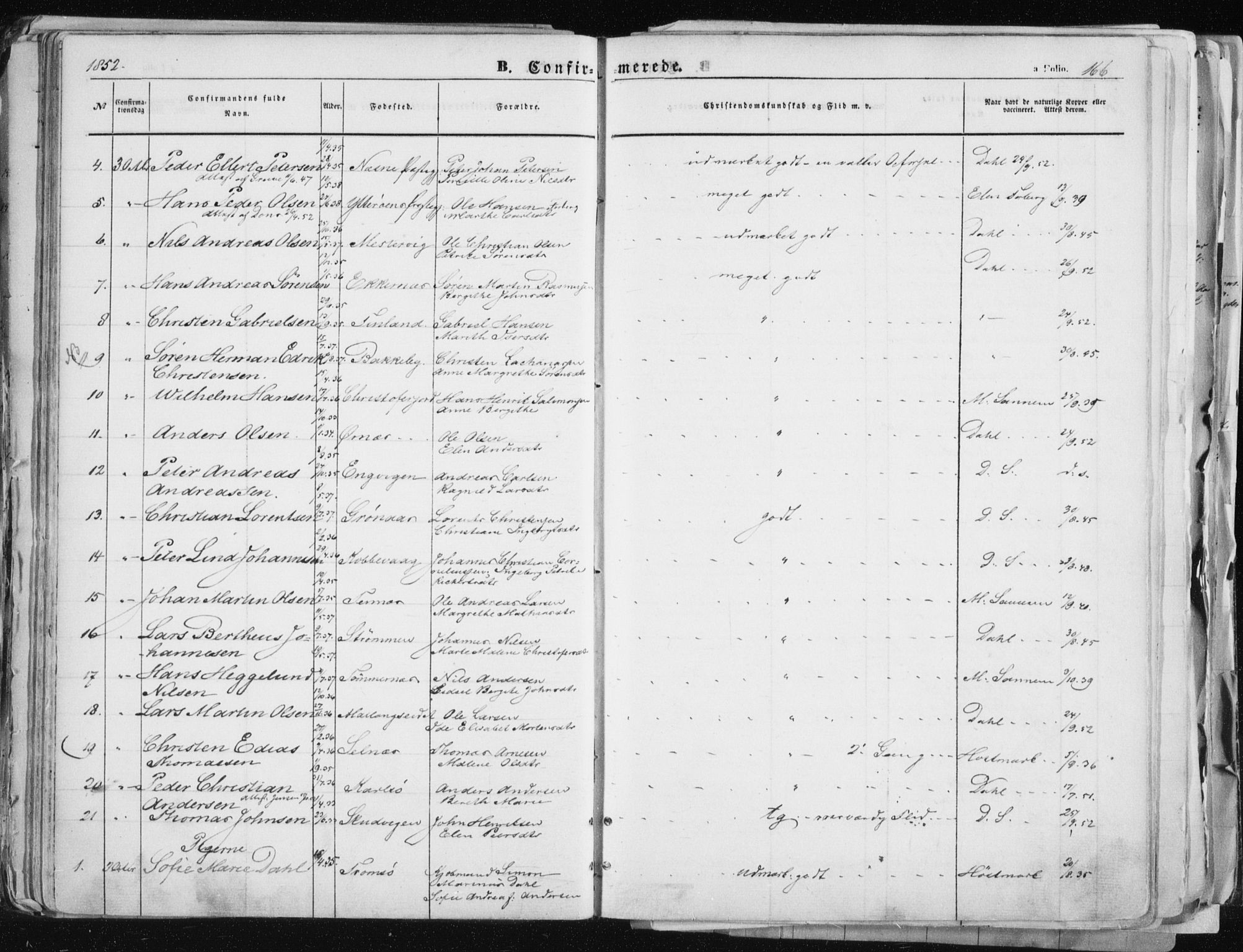 Tromsø sokneprestkontor/stiftsprosti/domprosti, AV/SATØ-S-1343/G/Ga/L0010kirke: Parish register (official) no. 10, 1848-1855, p. 166