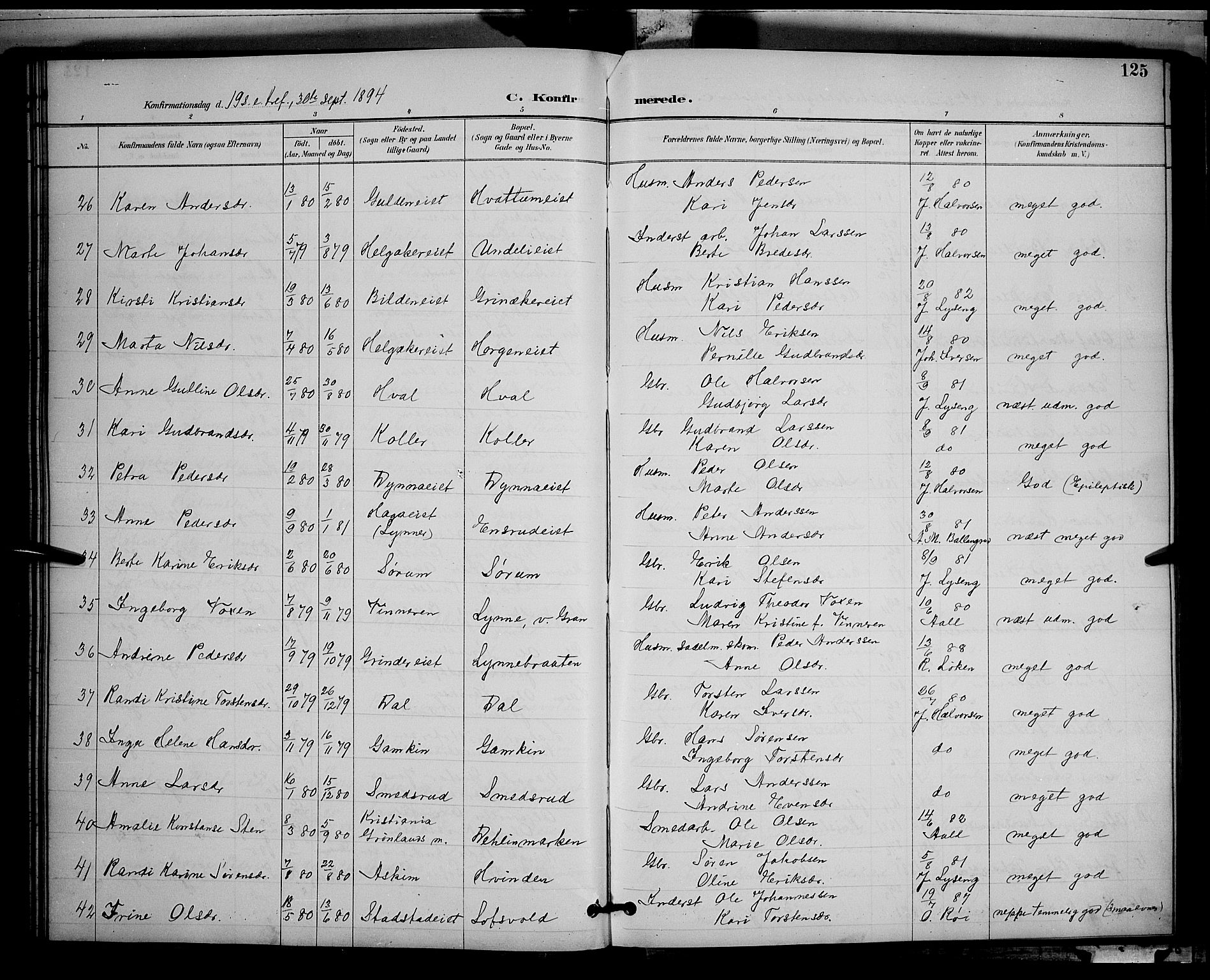 Gran prestekontor, AV/SAH-PREST-112/H/Ha/Hab/L0005: Parish register (copy) no. 5, 1892-1900, p. 125