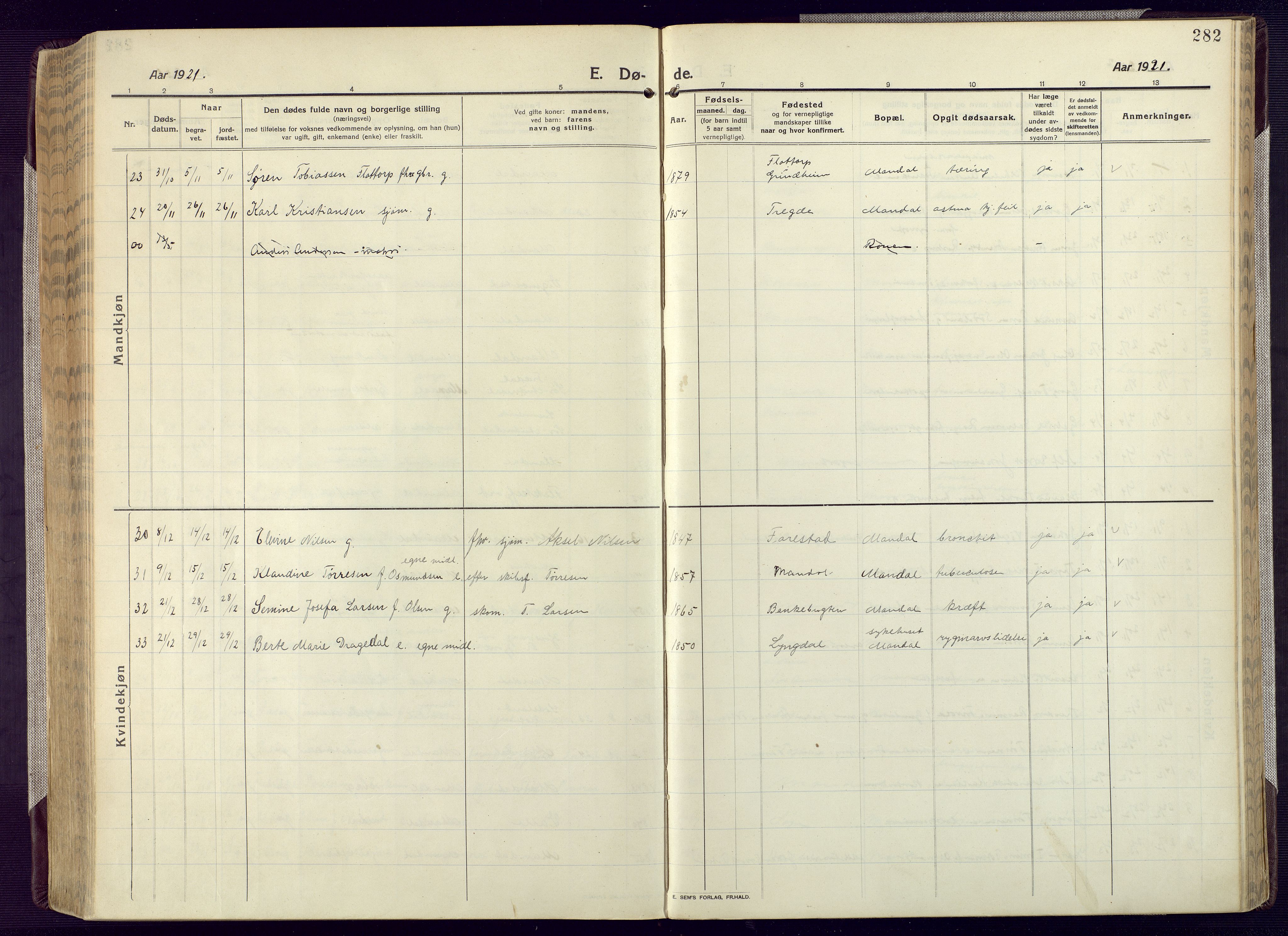 Mandal sokneprestkontor, AV/SAK-1111-0030/F/Fa/Fac/L0001: Parish register (official) no. A 1, 1913-1925, p. 282