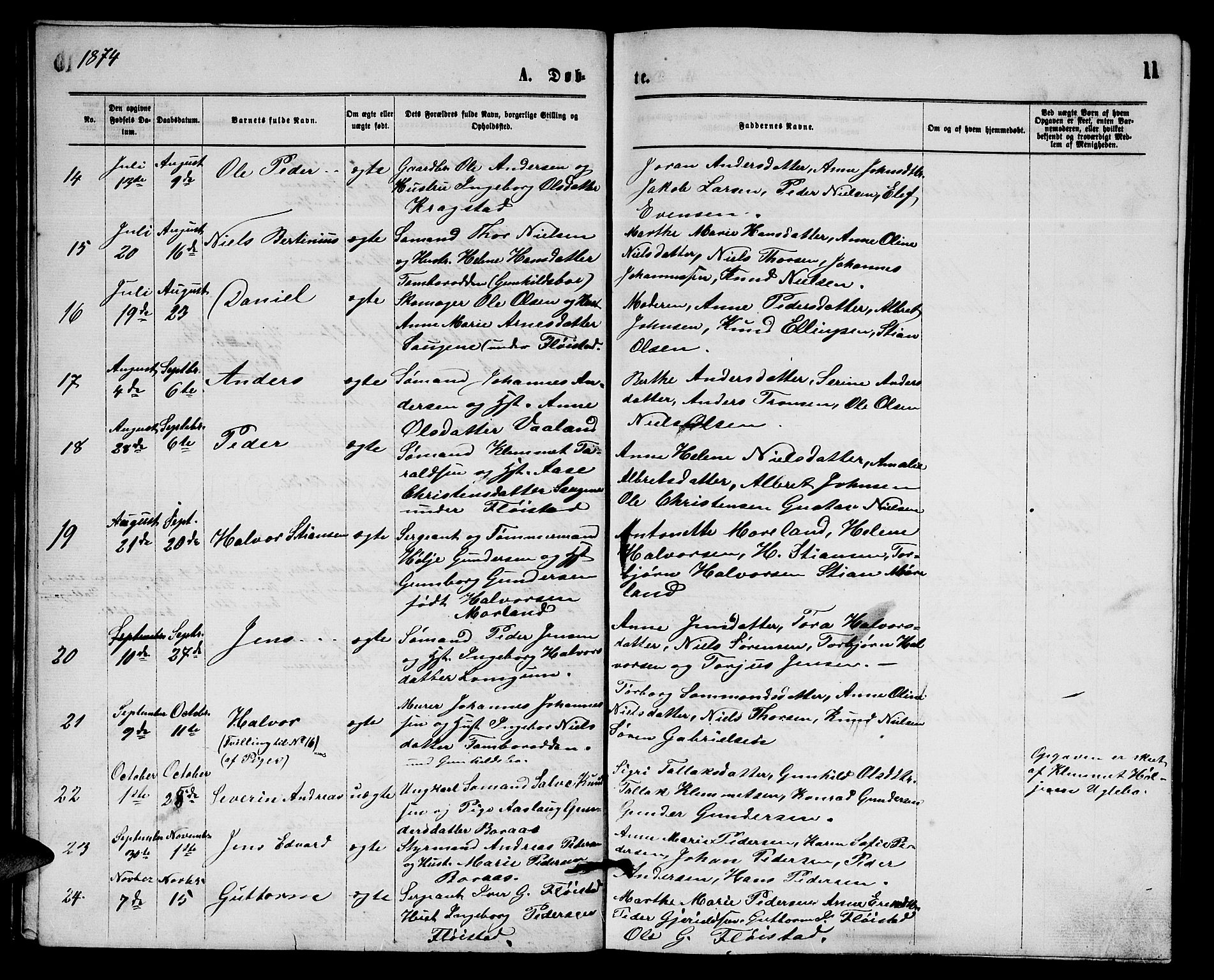 Austre Moland sokneprestkontor, AV/SAK-1111-0001/F/Fb/Fba/L0002: Parish register (copy) no. B 2, 1869-1879, p. 11