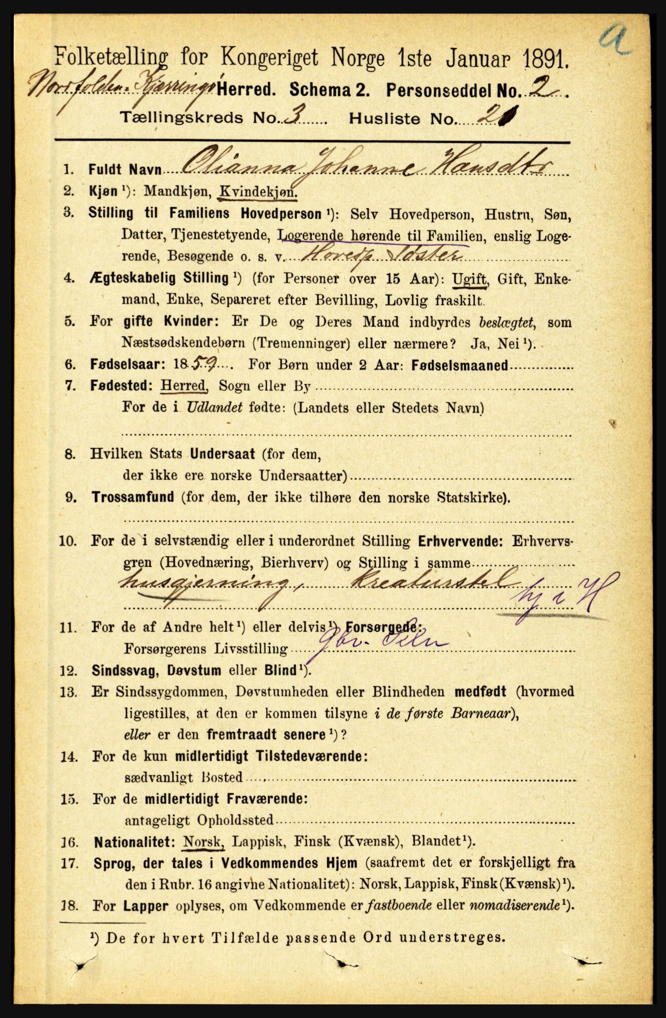 RA, 1891 census for 1846 Nordfold-Kjerringøy, 1891, p. 846