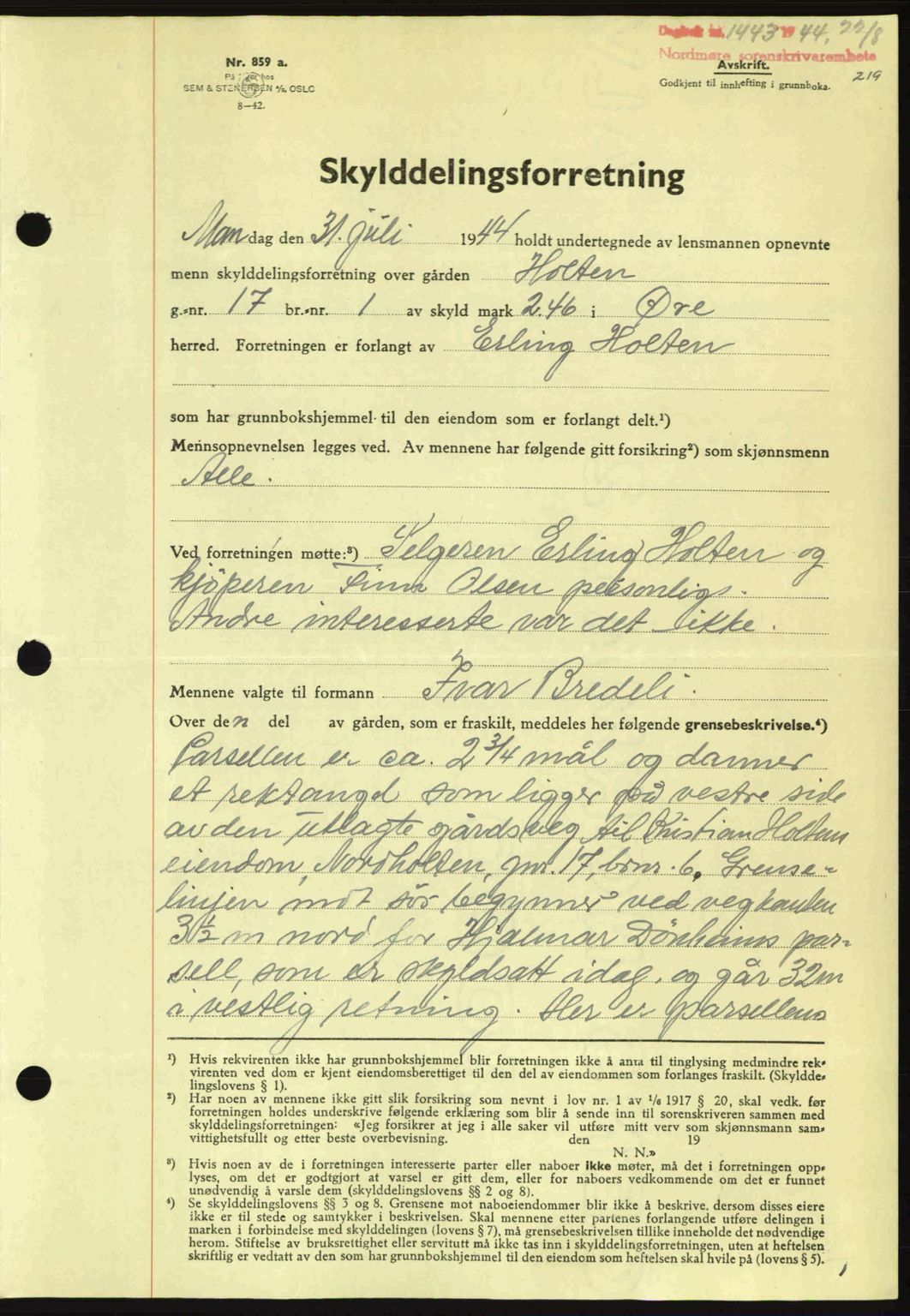 Nordmøre sorenskriveri, AV/SAT-A-4132/1/2/2Ca: Mortgage book no. A98, 1944-1944, Diary no: : 1443/1944