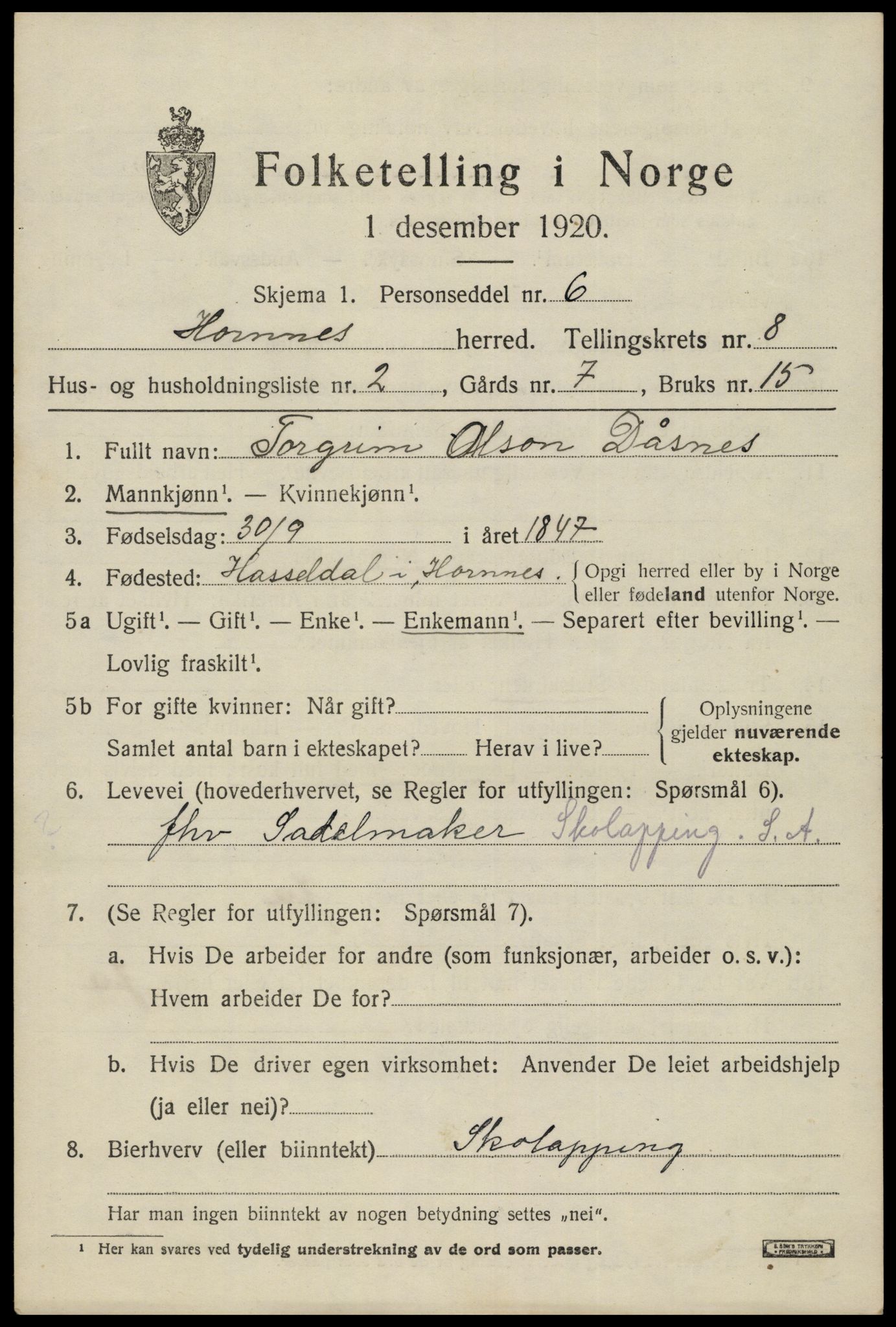 SAK, 1920 census for Hornnes, 1920, p. 1797