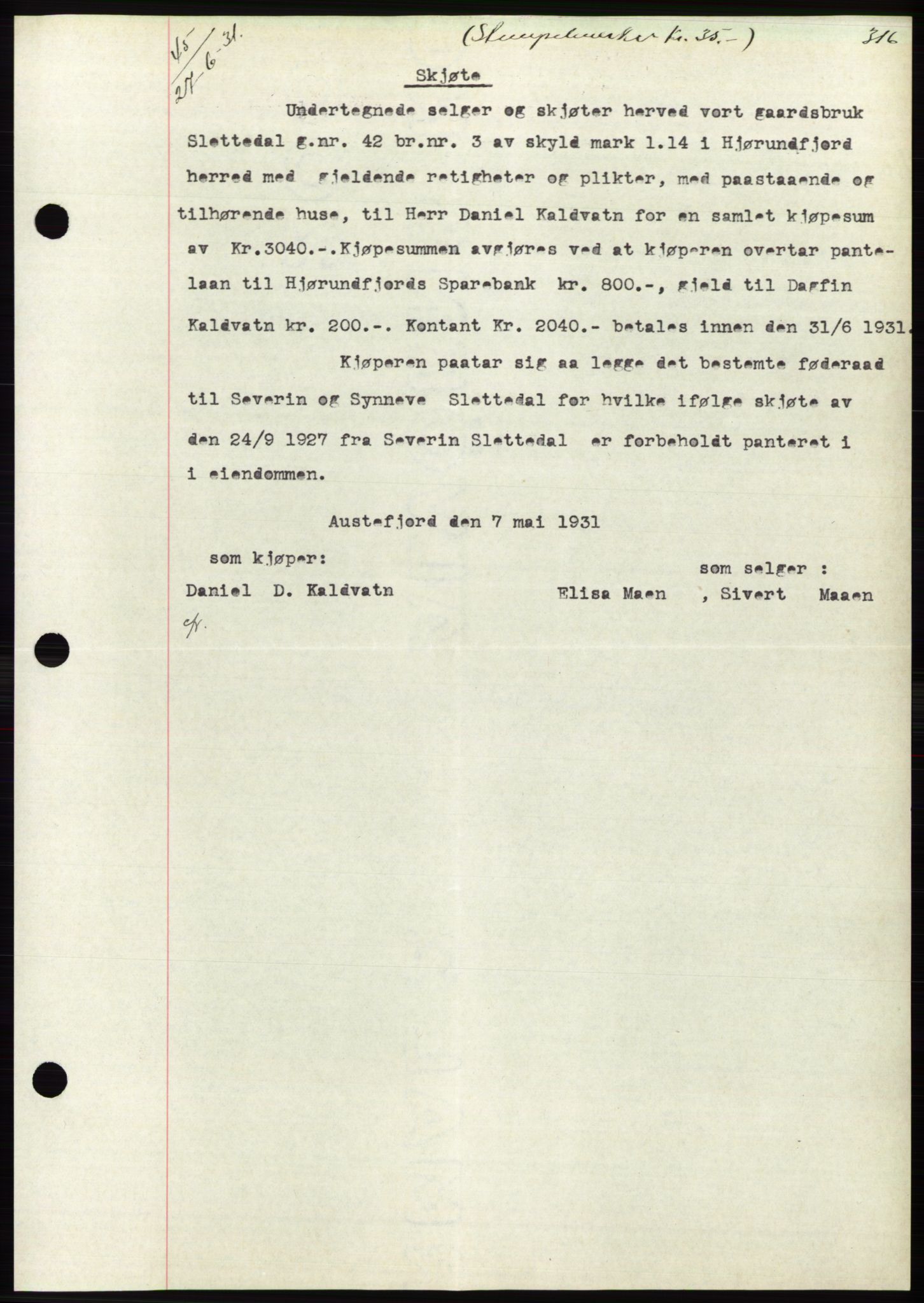 Søre Sunnmøre sorenskriveri, AV/SAT-A-4122/1/2/2C/L0052: Mortgage book no. 46, 1931-1931, Deed date: 27.06.1931