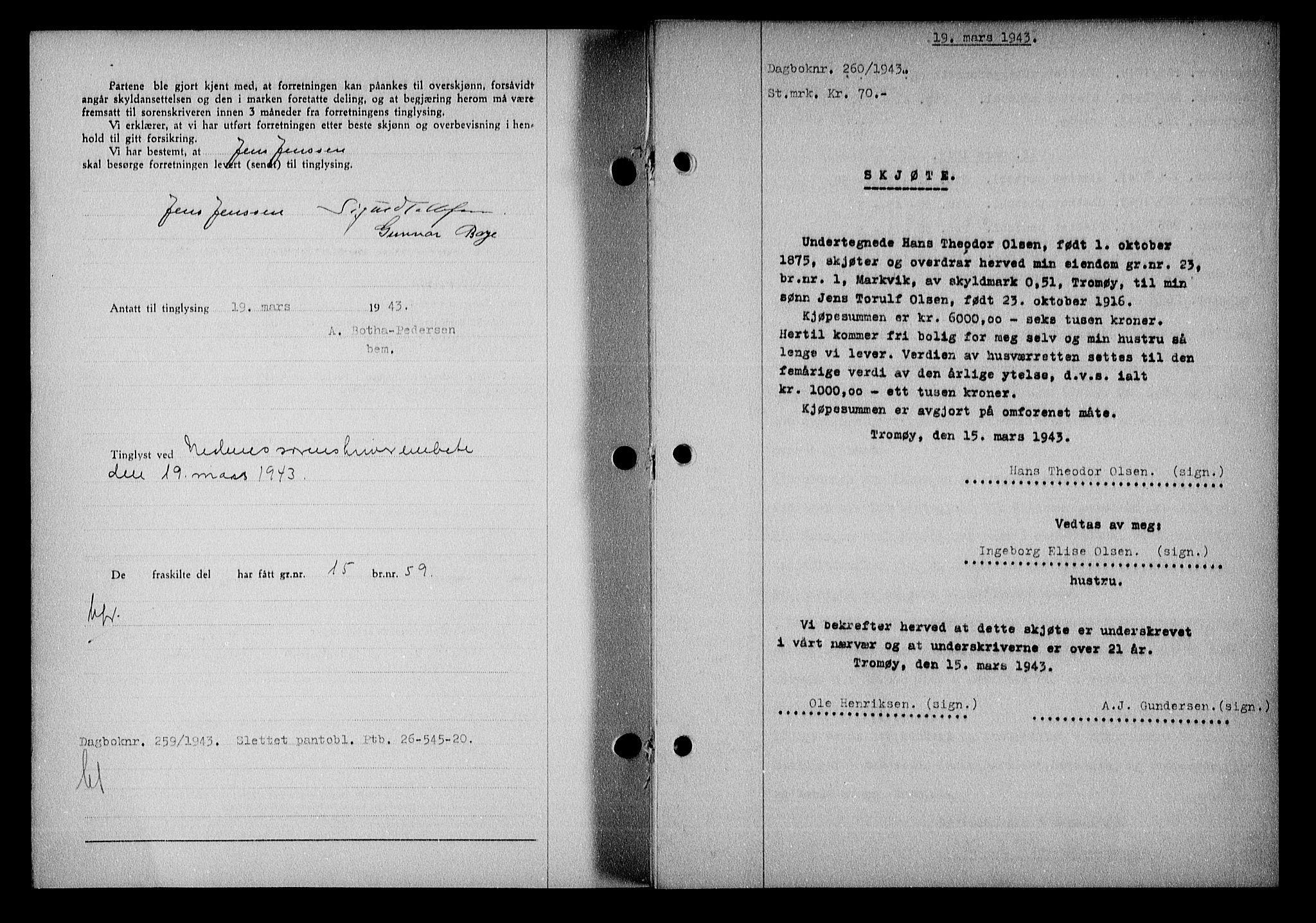 Nedenes sorenskriveri, SAK/1221-0006/G/Gb/Gba/L0050: Mortgage book no. A-IV, 1942-1943, Diary no: : 260/1943