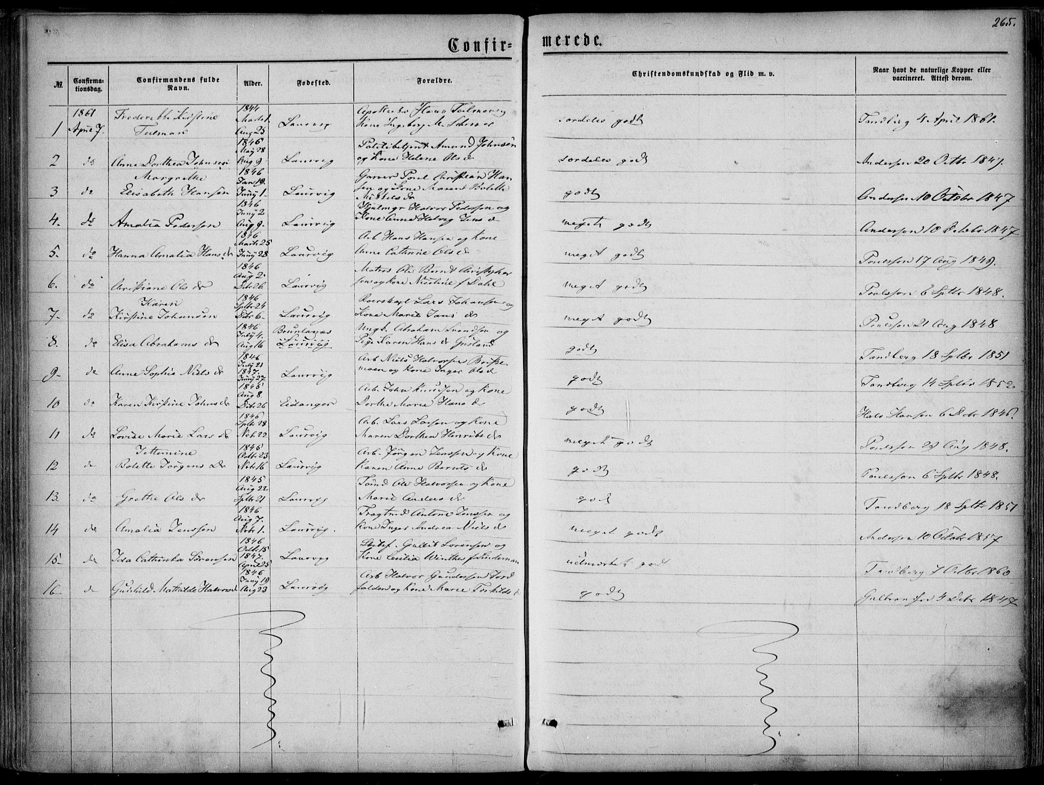 Larvik kirkebøker, SAKO/A-352/F/Fa/L0004: Parish register (official) no. I 4, 1856-1870, p. 265