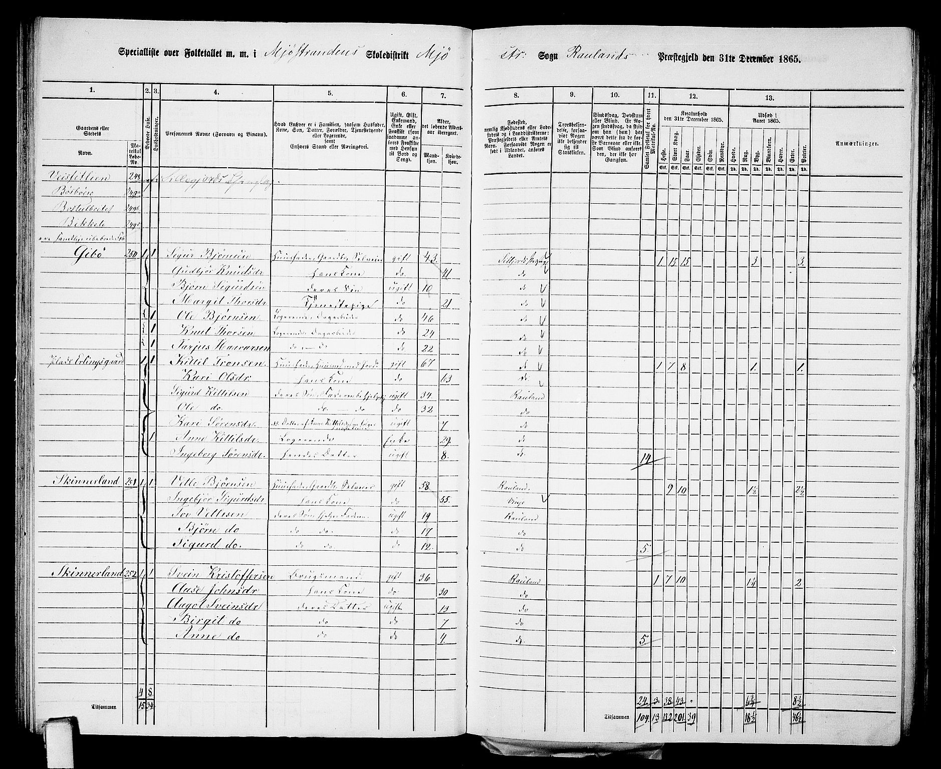 RA, 1865 census for Rauland, 1865, p. 56