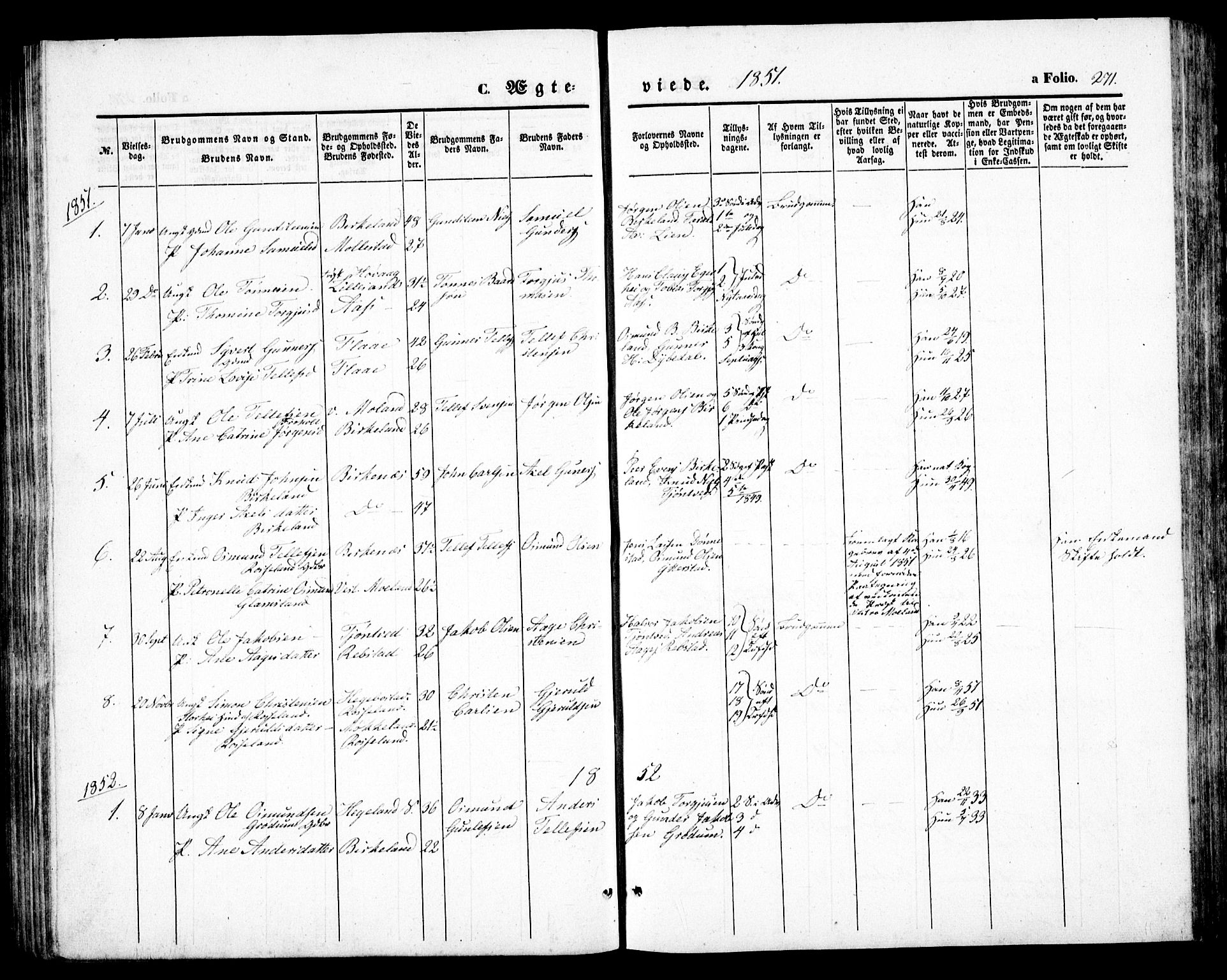 Birkenes sokneprestkontor, SAK/1111-0004/F/Fb/L0002: Parish register (copy) no. B 2, 1849-1876, p. 271