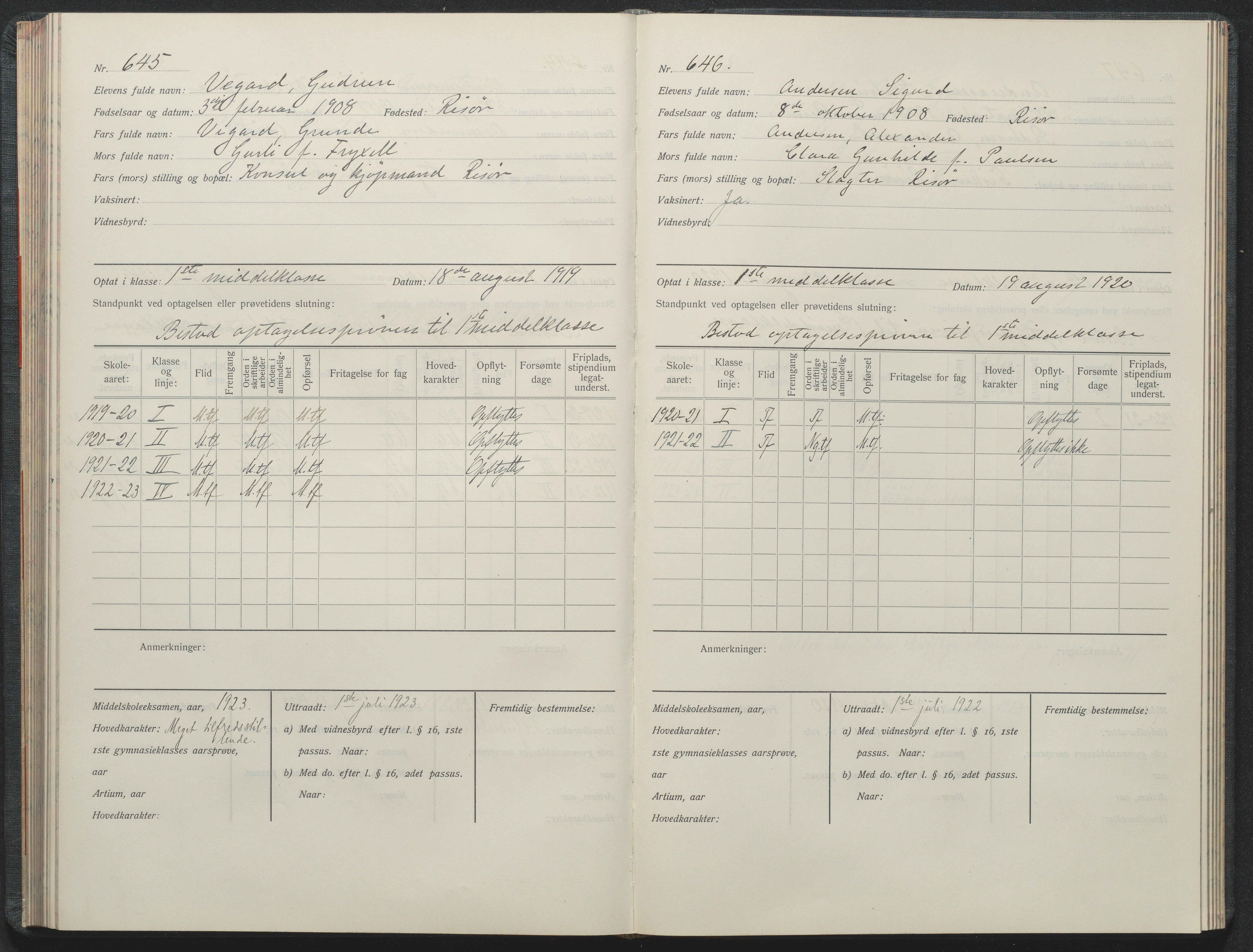 Risør kommune, AAKS/KA0901-PK/1/05/05i/L0002: Manntallsprotokoll, 1911-1925, p. 645-646