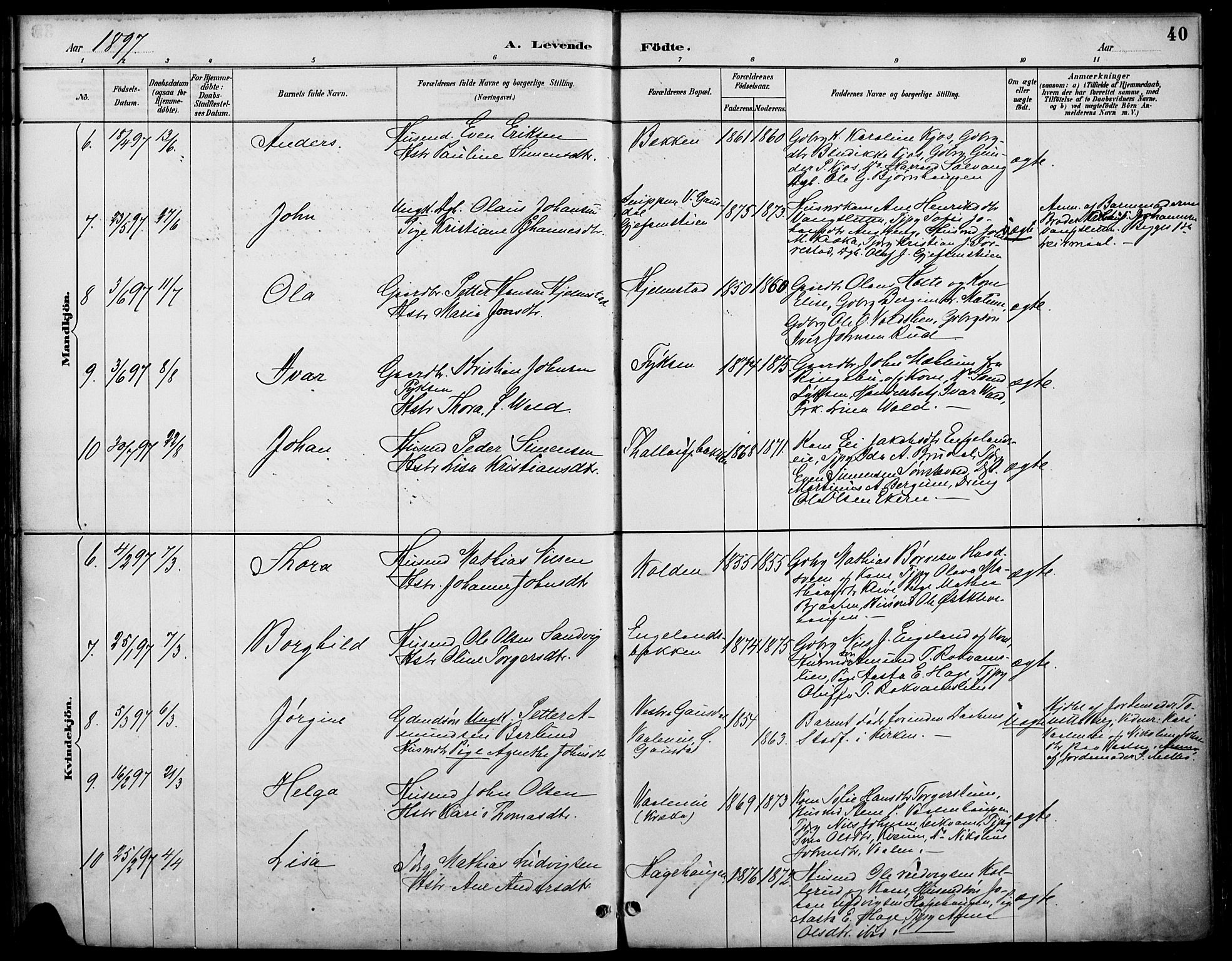 Østre Gausdal prestekontor, SAH/PREST-092/H/Ha/Haa/L0002: Parish register (official) no. 2, 1887-1897, p. 40
