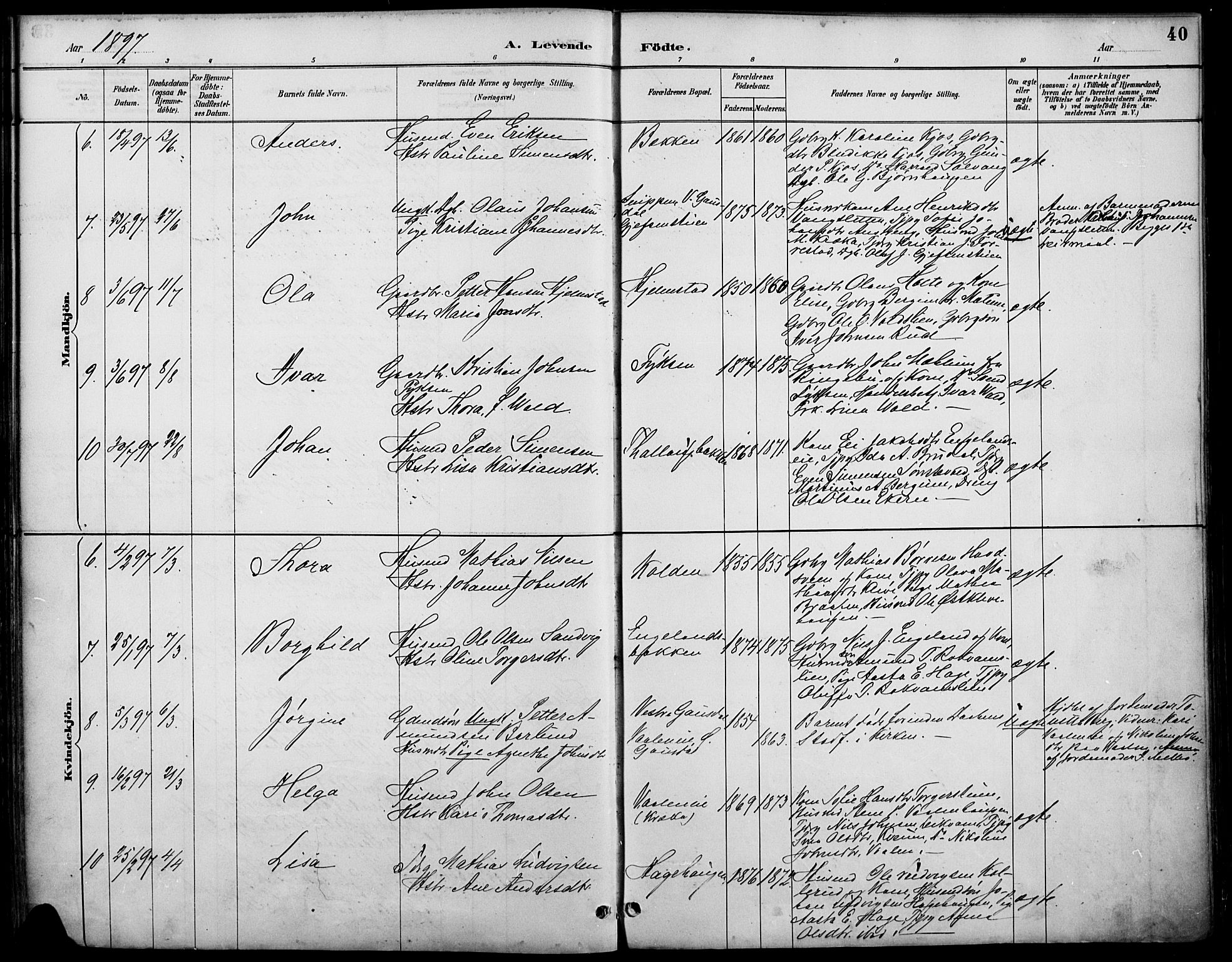 Østre Gausdal prestekontor, AV/SAH-PREST-092/H/Ha/Haa/L0002: Parish register (official) no. 2, 1887-1897, p. 40